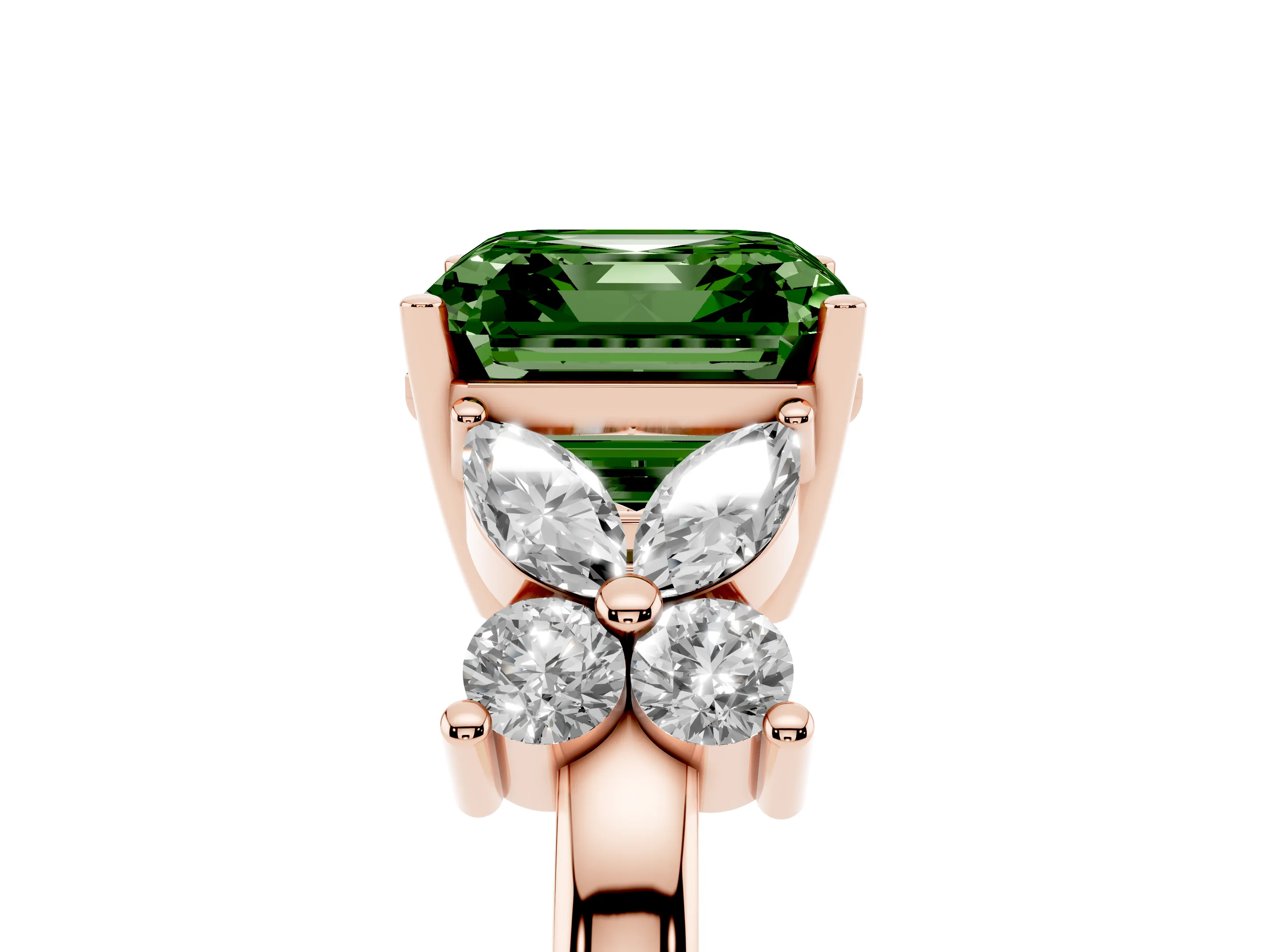 Fancy Green Asscher Cut Diamond Floral Cluster Ring Set in Rose gold with Marquise Petals and Prong Setting