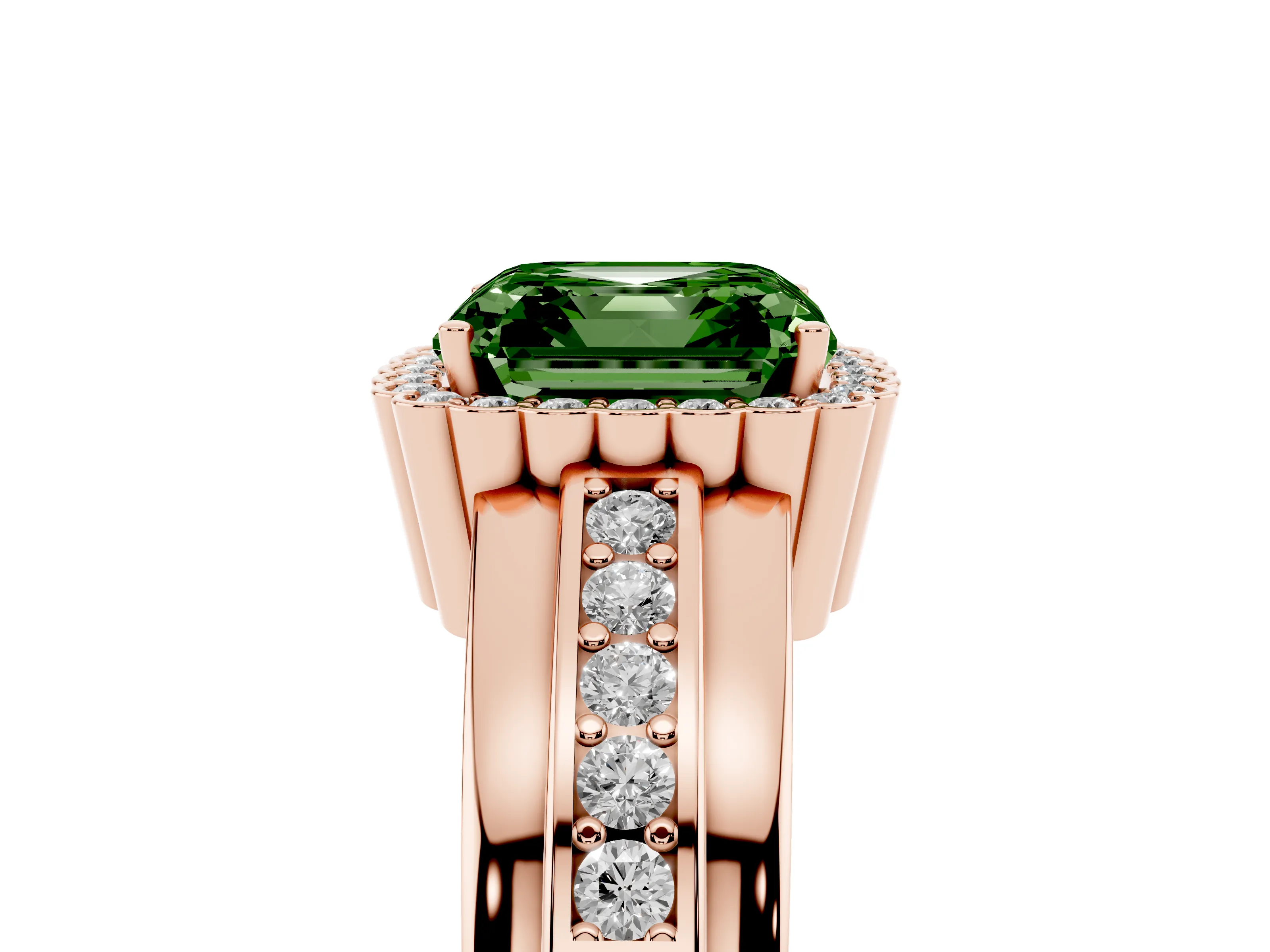 Fancy Green Asscher Cut Diamond Halo Prong Ring Set in Rose gold with Pavé Band