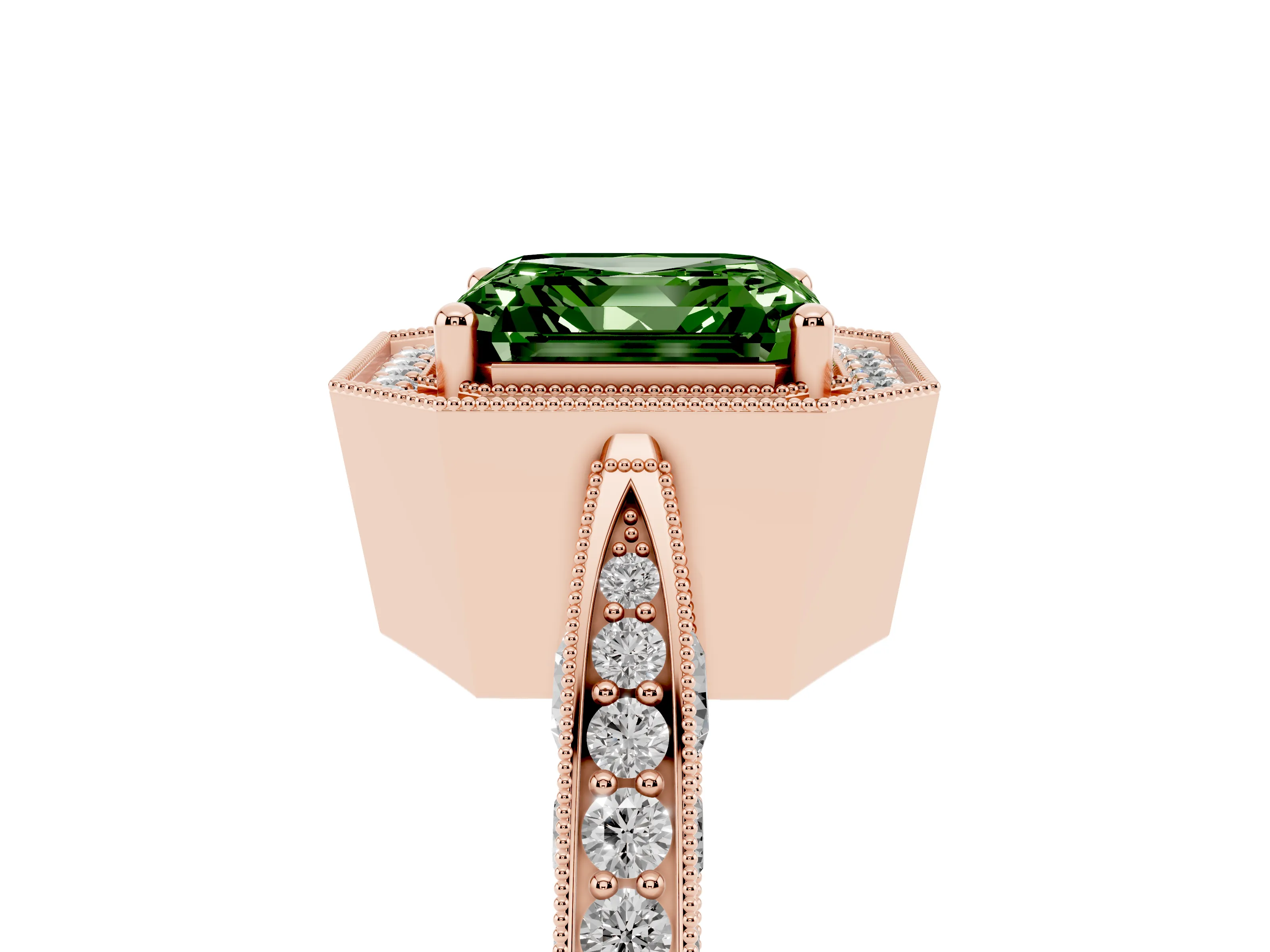 Fancy Green Asscher Cut Diamond Halo Engagement Ring Set in Rose gold with Accent Split Shank Band