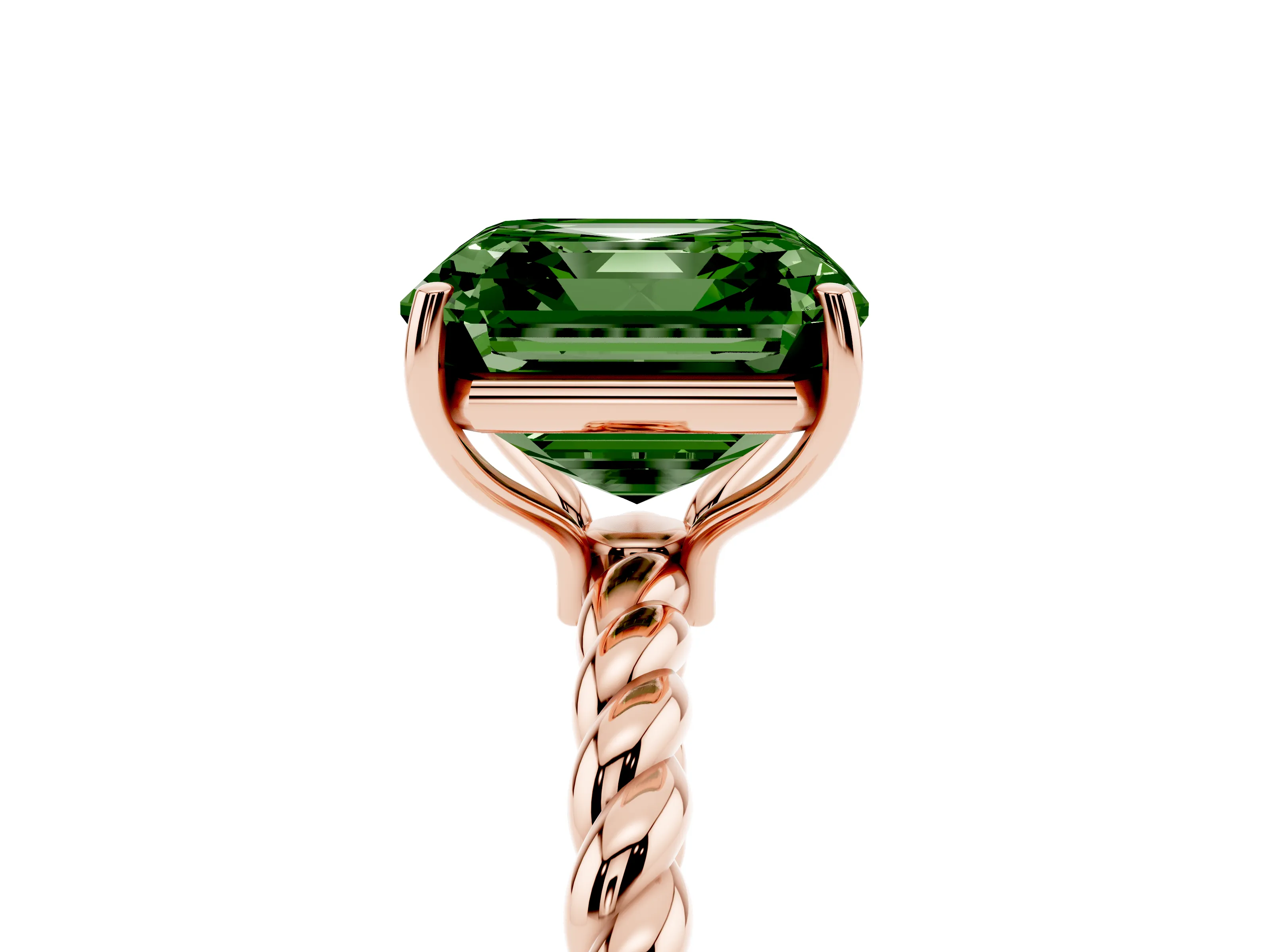 Fancy Green Asscher Cut Diamond Solitaire Ring Set in Rose gold with Twist Band and Prong Setting