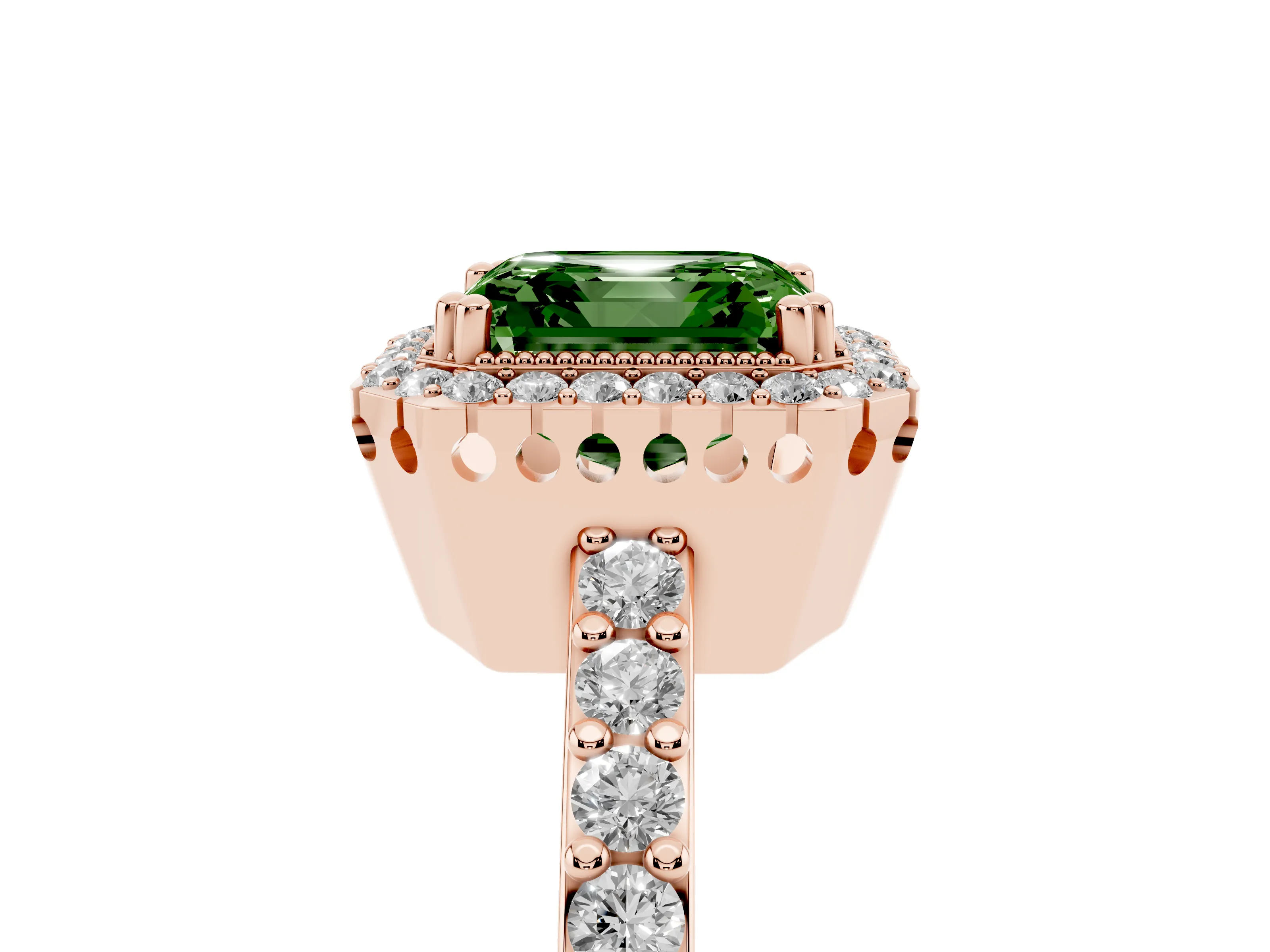Fancy Green Asscher Cut Diamond Halo Engagement Ring Set in Rose gold with Milgrain Detail and Pavé Band