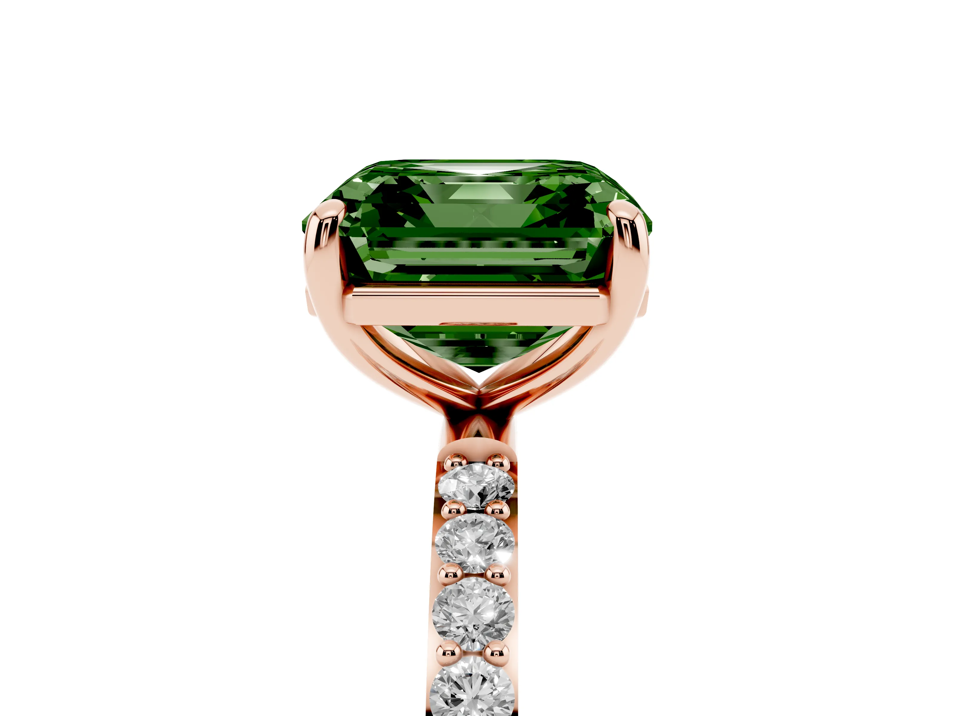 Fancy Green Asscher Cut Diamond Solitaire Ring Set in Rose gold with Round Pavé Band and Prong Setting