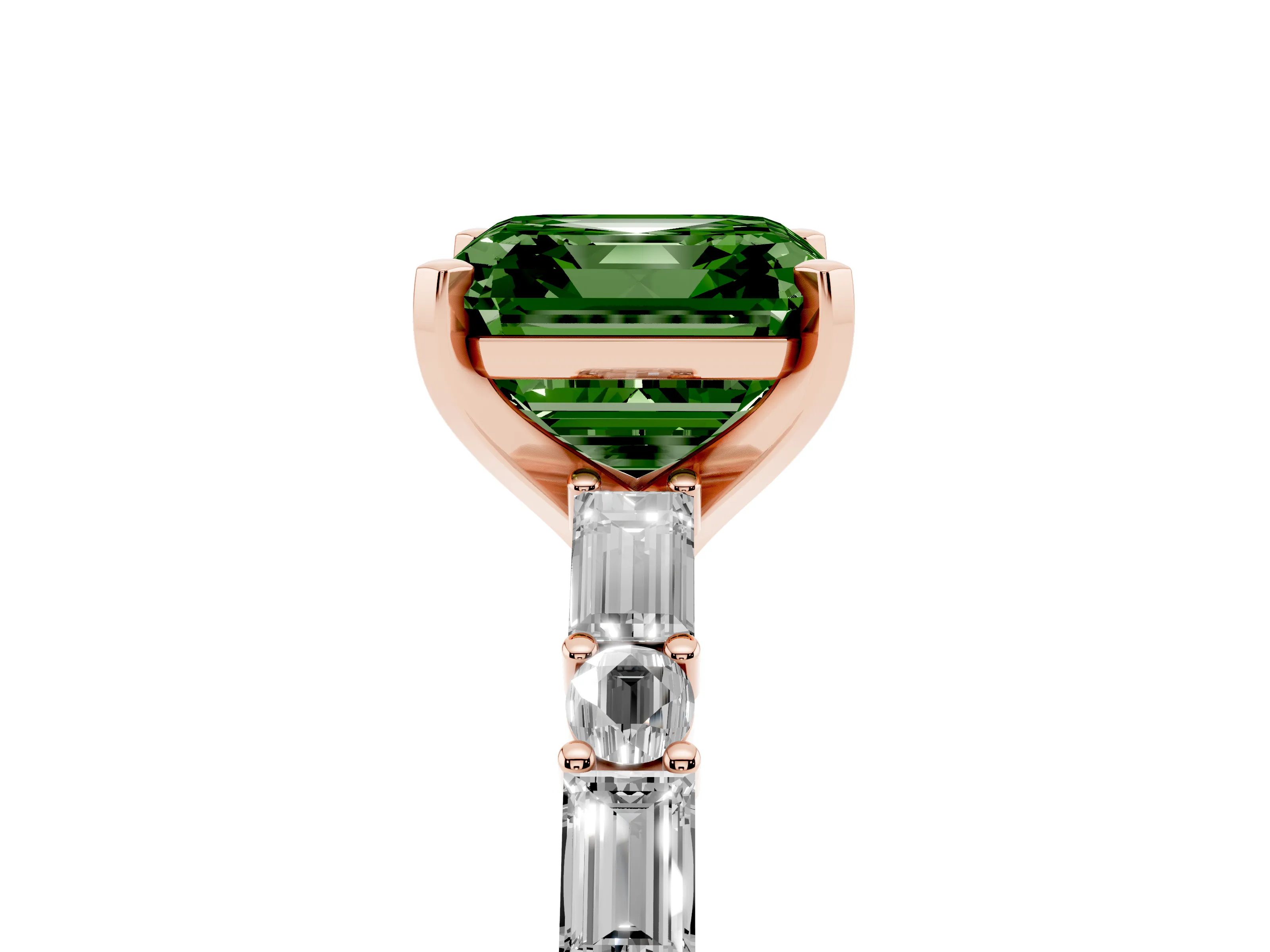 Fancy Green Asscher Cut Diamond Solitaire Set in Rose gold with Side Baguettes and Channel Set Band