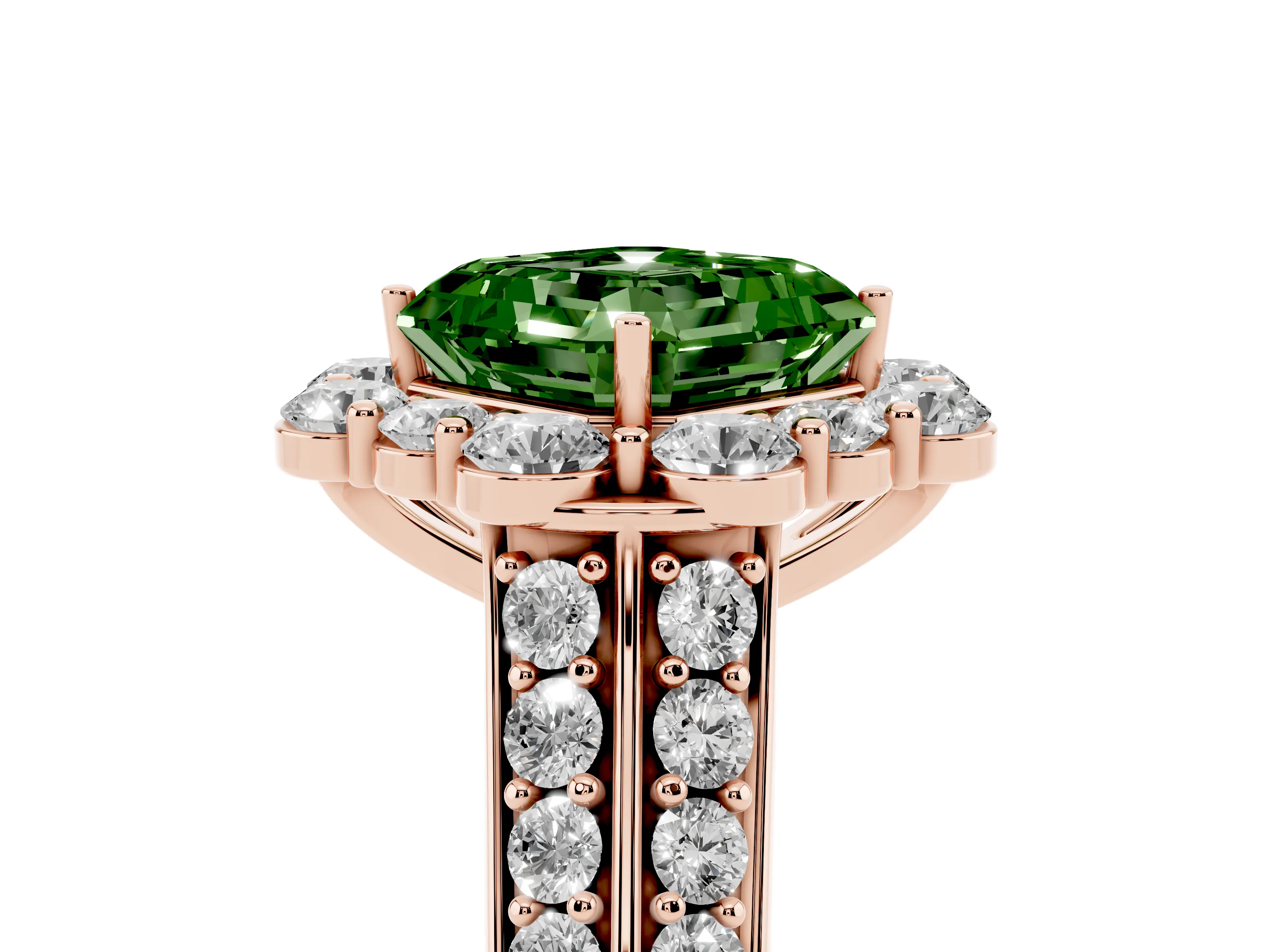 Fancy Green Asscher Cut Diamond Halo Engagement Ring Set in Rose gold with Split Shank and Prong Setting