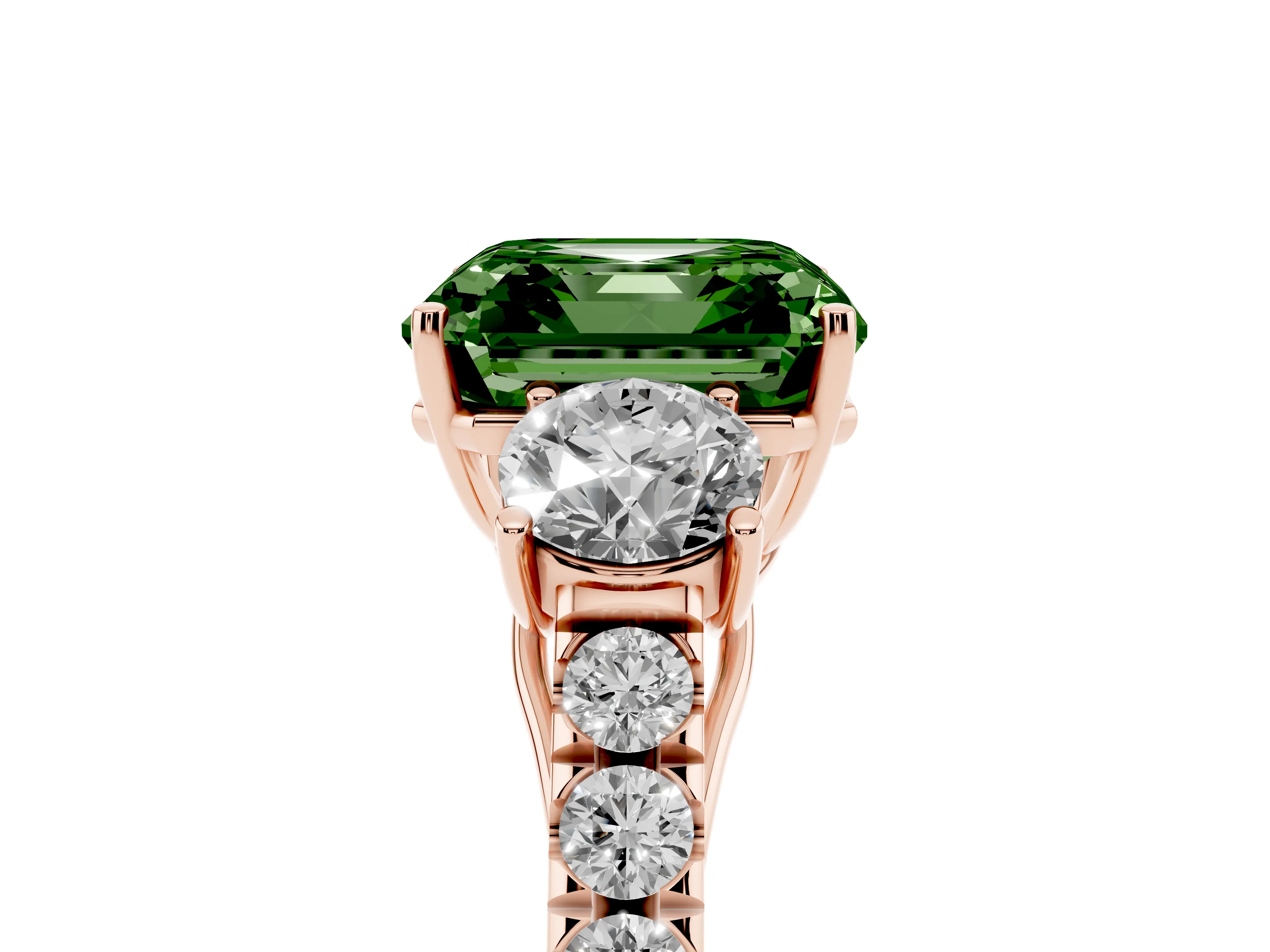 Fancy Green Asscher Cut Diamond Three-Stone Ring Set in Rose gold with Round Side Stones and Delicate Pavé Band