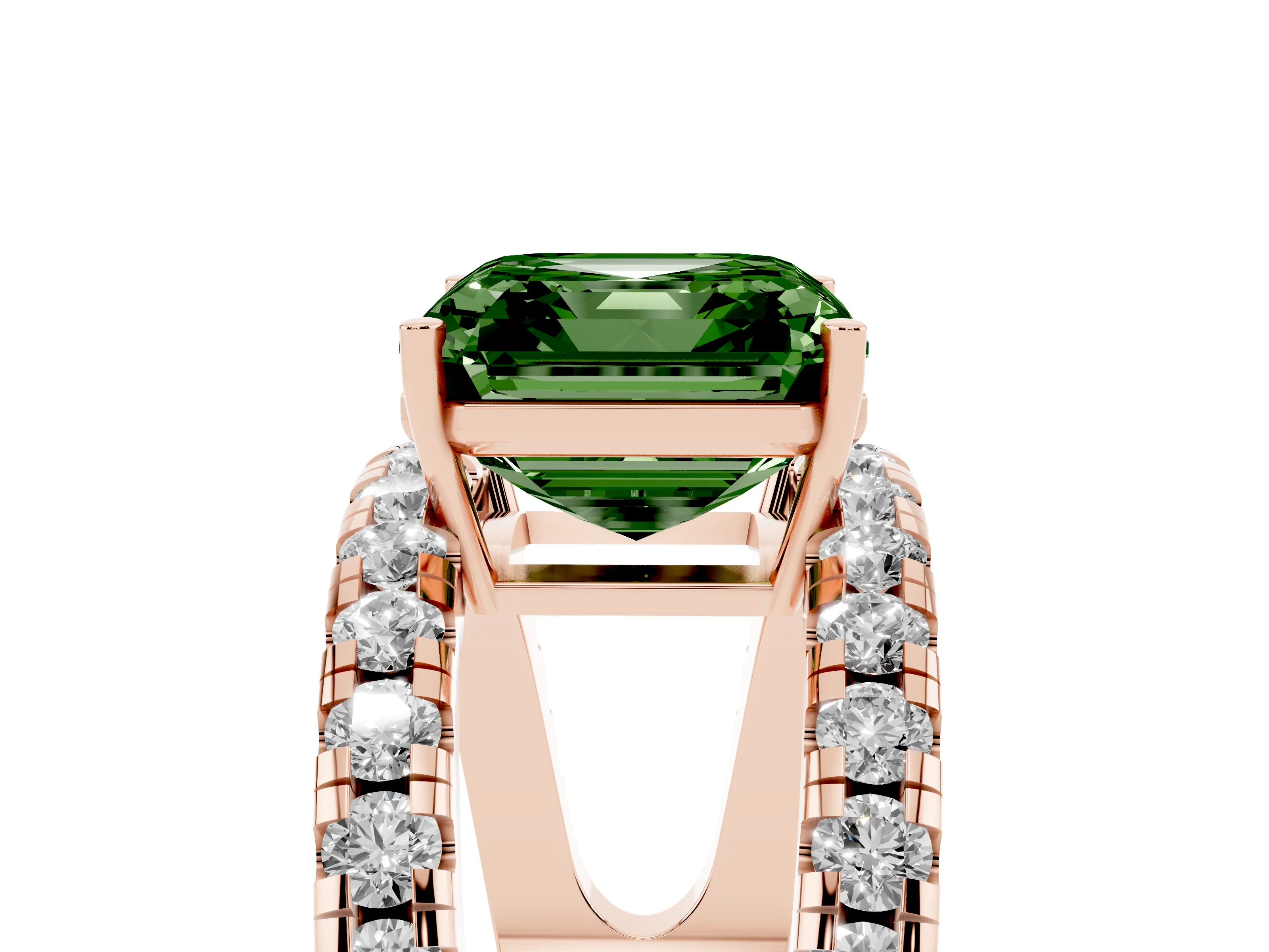 Fancy Green Asscher Cut Diamond Split Shank Pavé Solitaire Ring Set in Rose gold with Open Shank Design