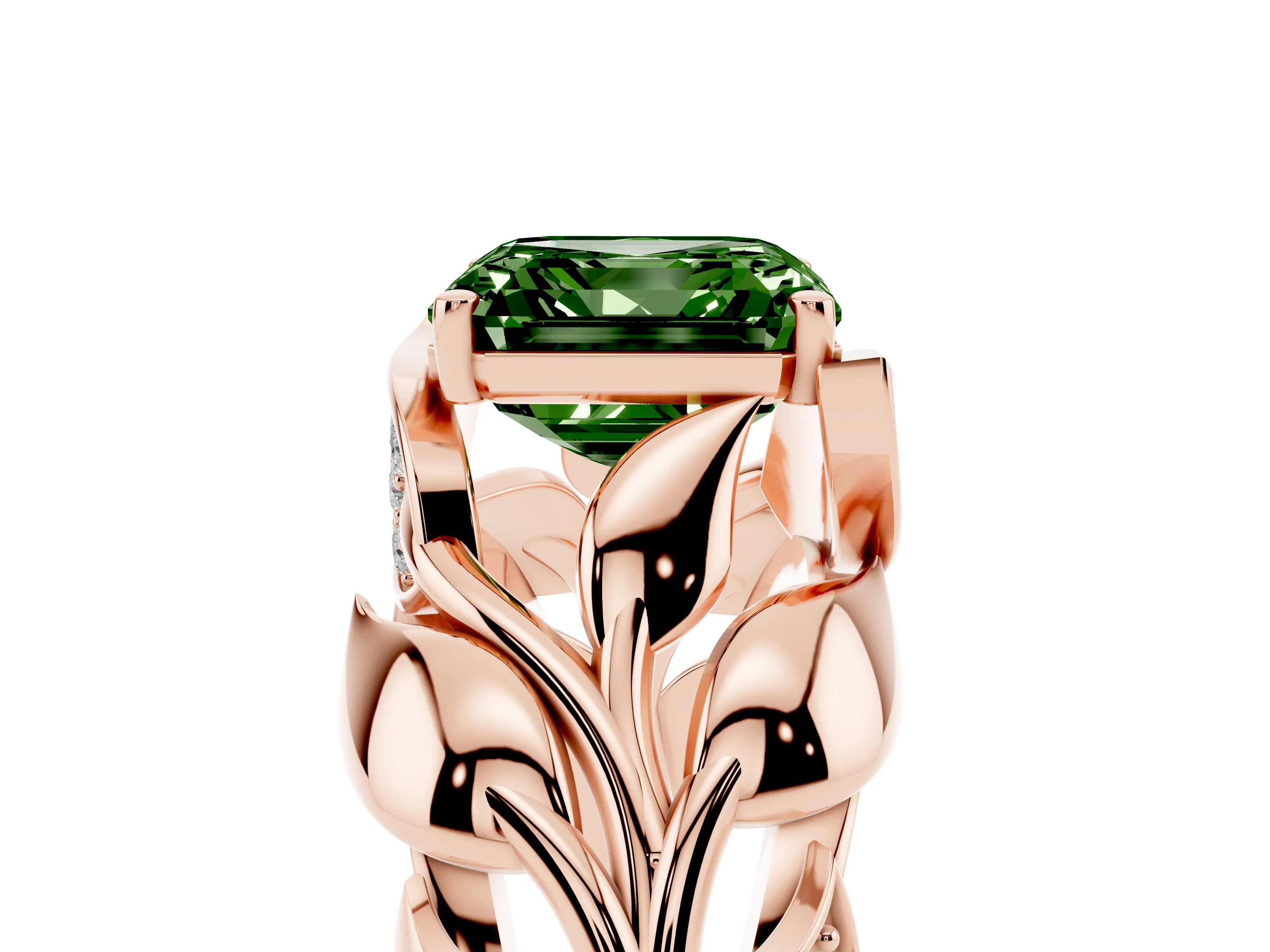 Fancy Green Asscher Cut Diamond Leaf-Inspired Engagement Ring Set in Rose gold with Round Accents