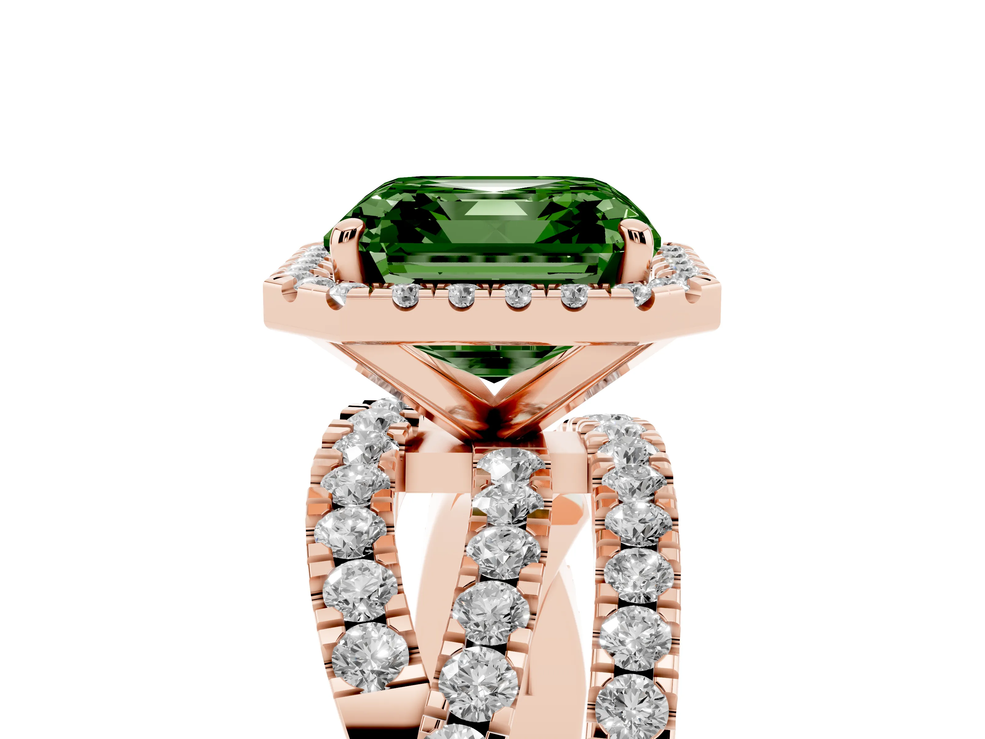 Fancy Green Asscher Cut Diamond Halo Ring Set in Rose gold with Round Crossover Split Shank and Prong Setting