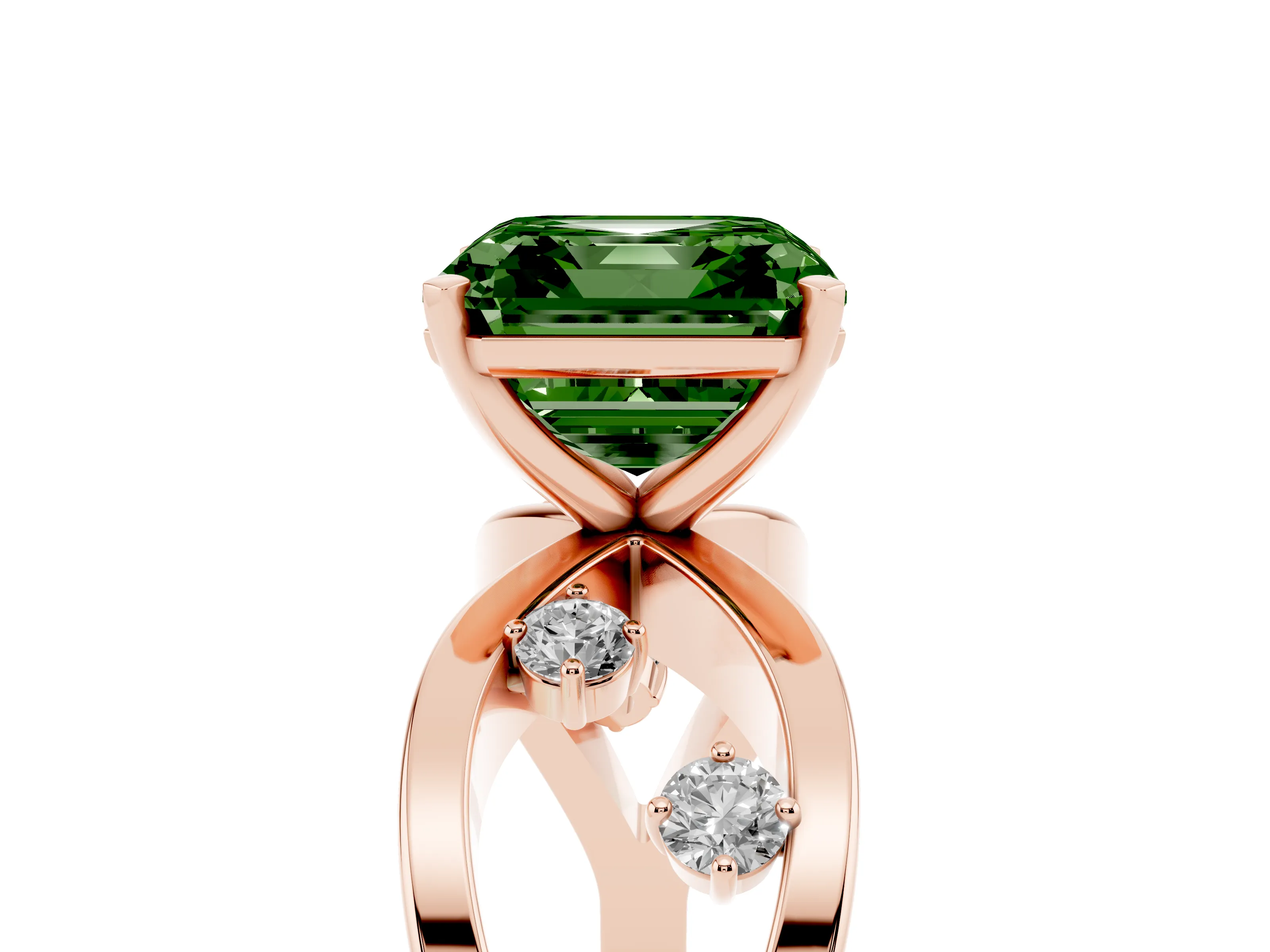 Fancy Green Asscher Cut Diamond Solitaire Ring Set in Rose gold with Side Stones on Criss-Cross Band and Prong Setting