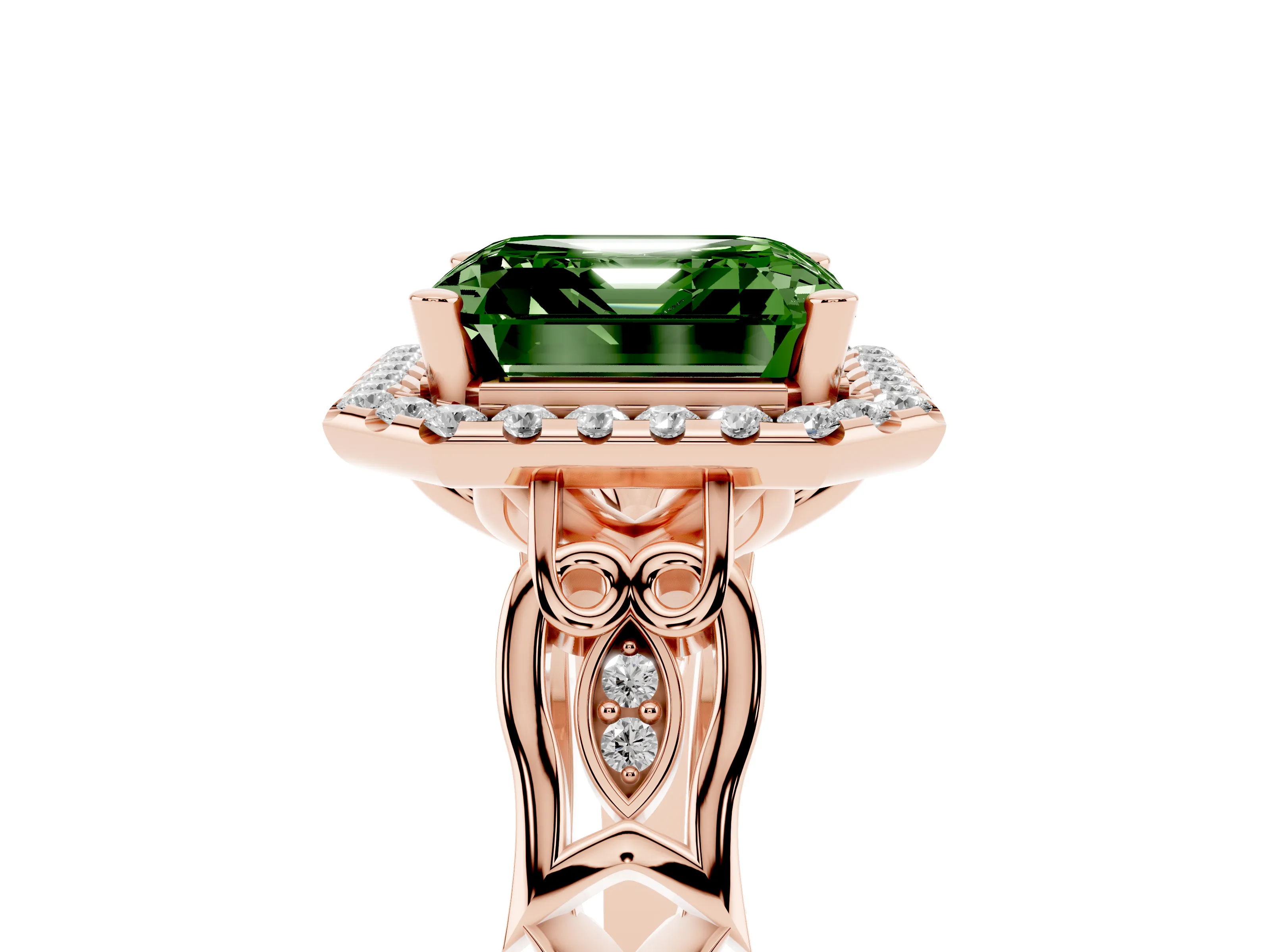 Fancy Green Asscher Cut Diamond Halo Engagement Ring Set in Rose gold with Filigree Band and Prong-Set Center