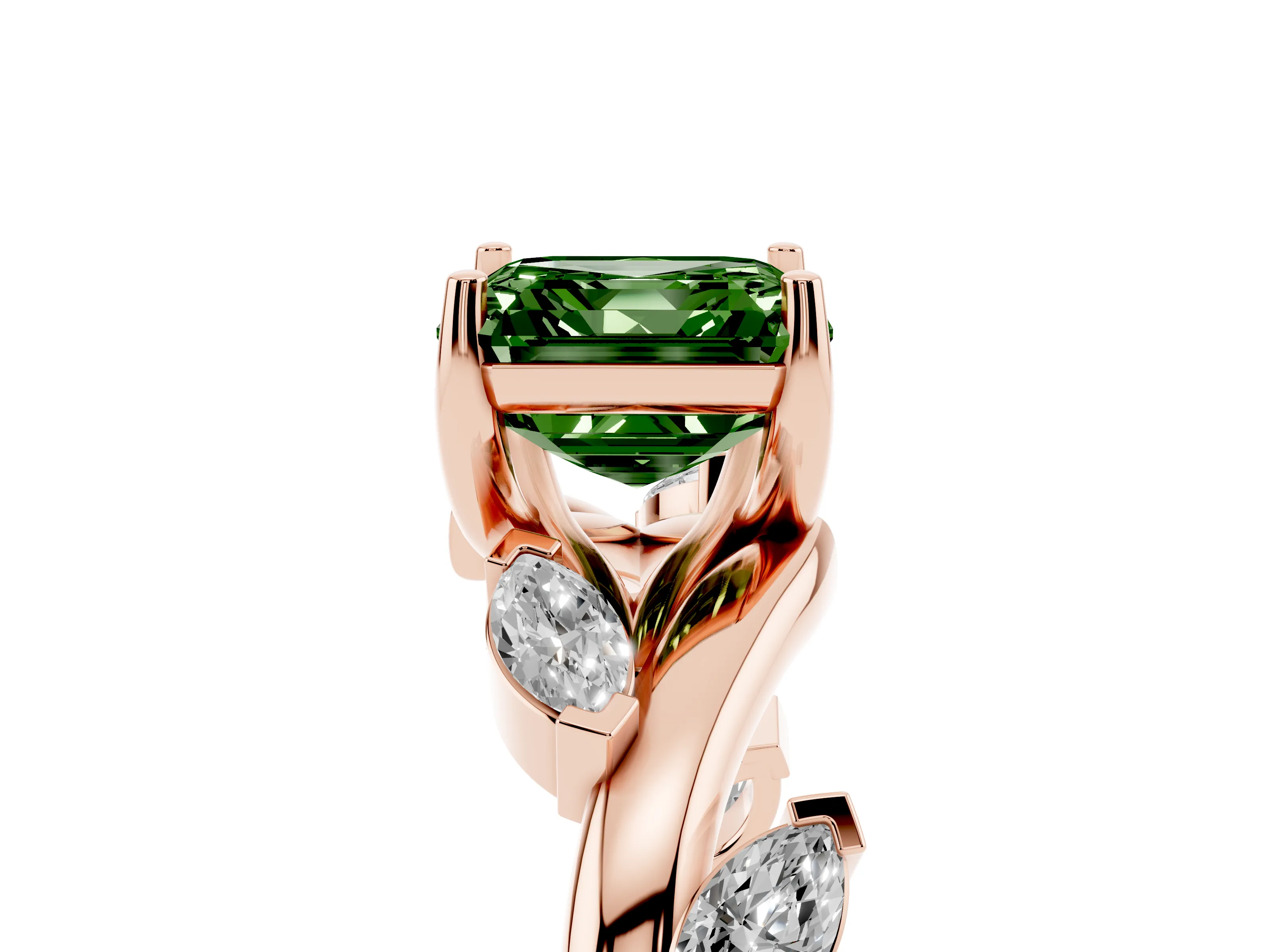 Fancy Green Asscher Cut Diamond Solitaire Ring Set in Rose gold with Twisted Marquise Accent Band