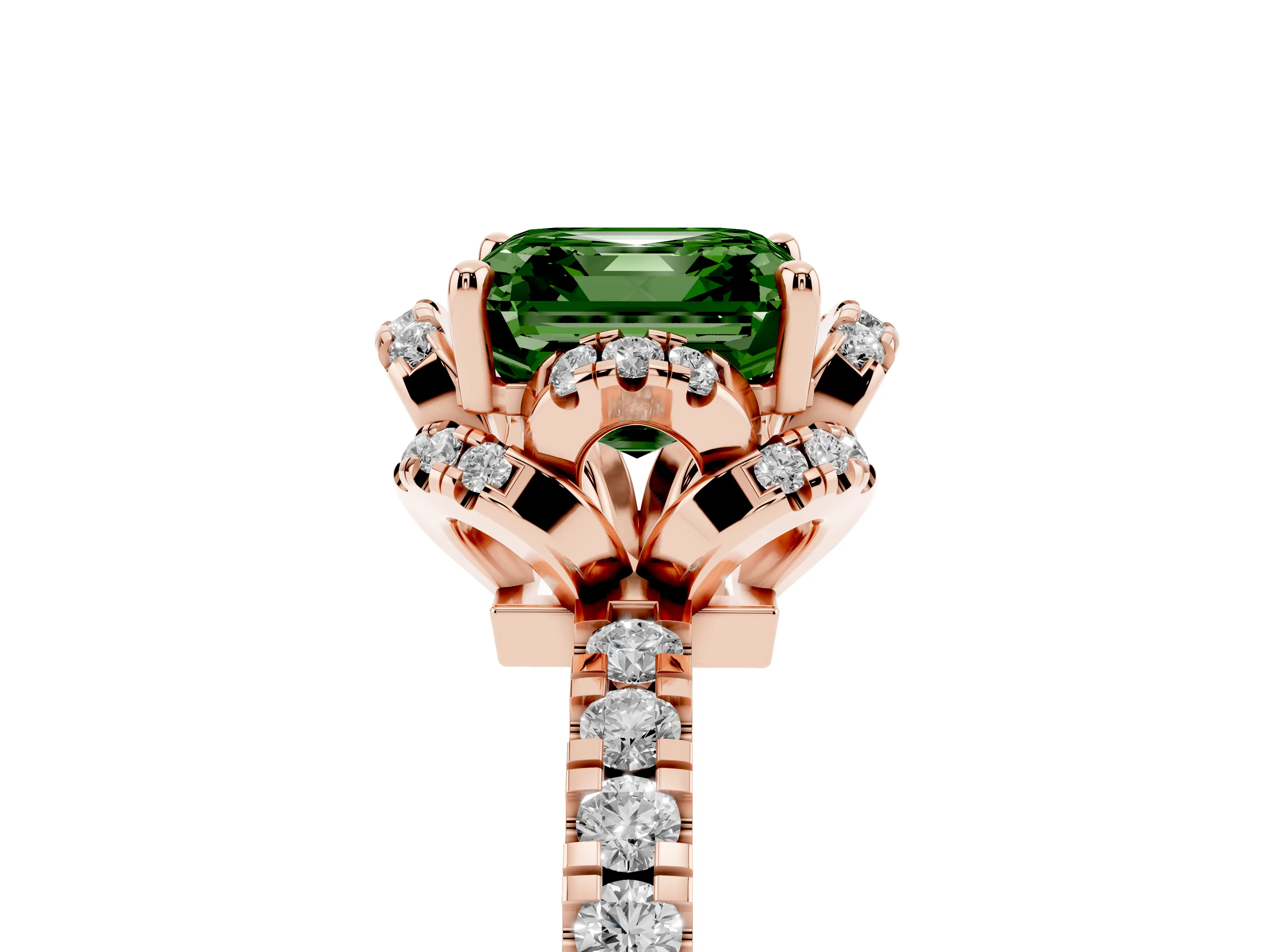 Fancy Green Asscher Cut Diamond Halo Pavé Band Ring Set in Rose gold with Prong-Held Center