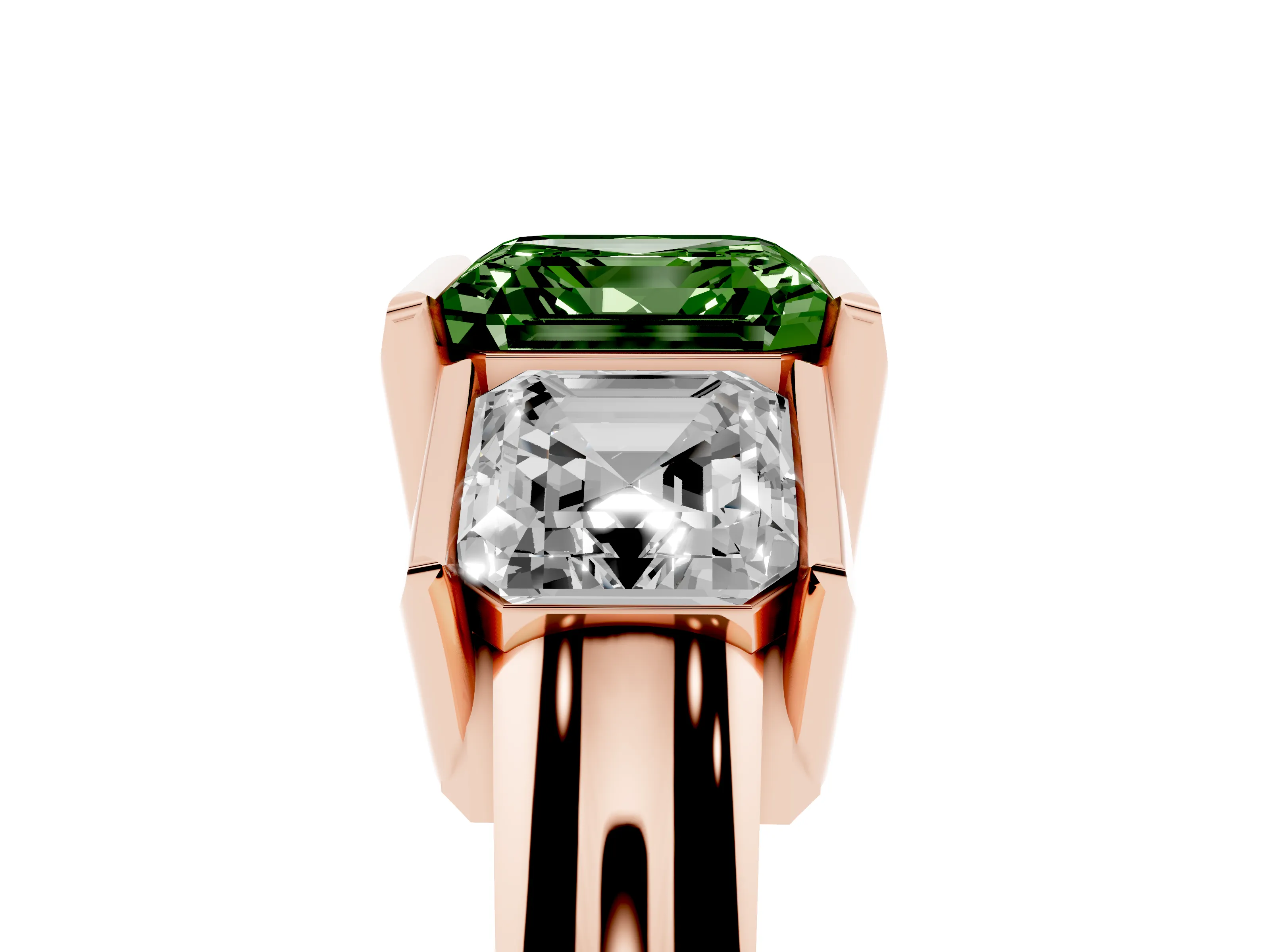 Fancy Green Asscher Cut Diamond Three-Stone Channel Set Ring Set in Rose gold with Smooth Polished Band