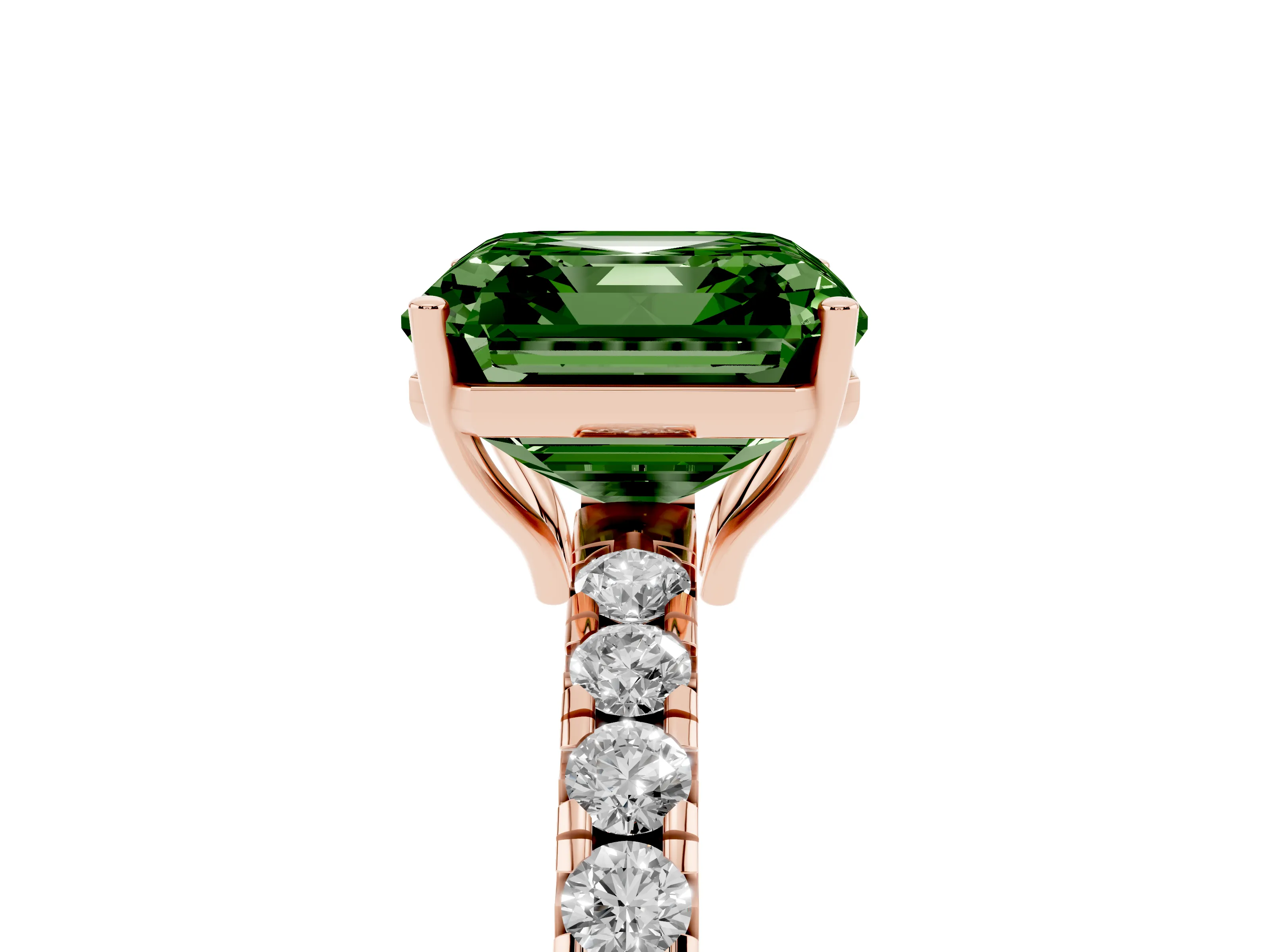 Fancy Green Asscher Cut Diamond Pavé Solitaire Engagement Ring Set in Rose gold with Prong Setting