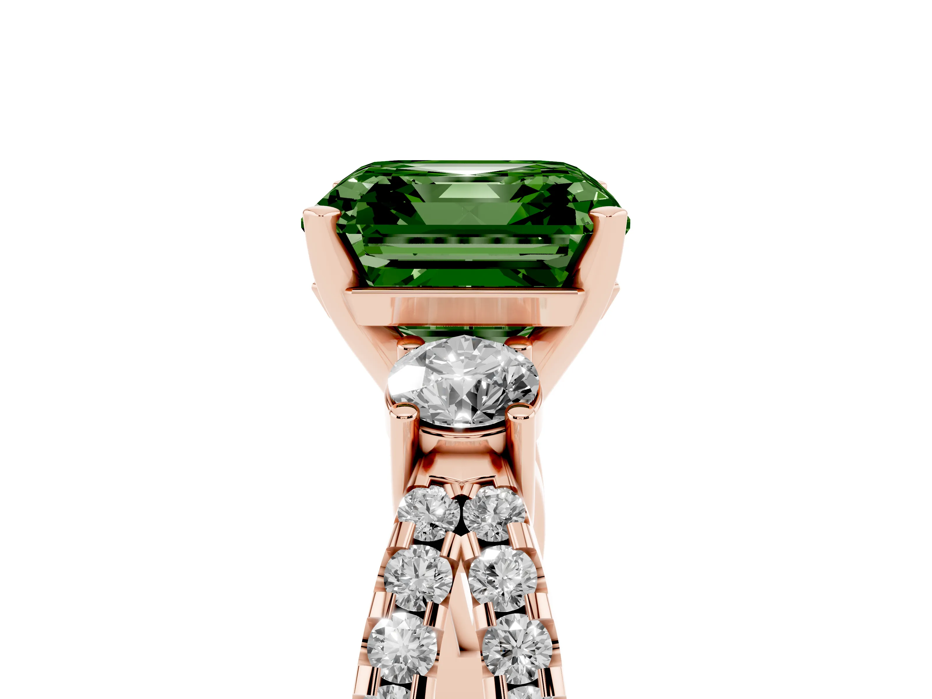 Fancy Green Asscher Cut Diamond Three-Stone Ring Set in Rose gold with Pavé Split Shank and Prong Setting