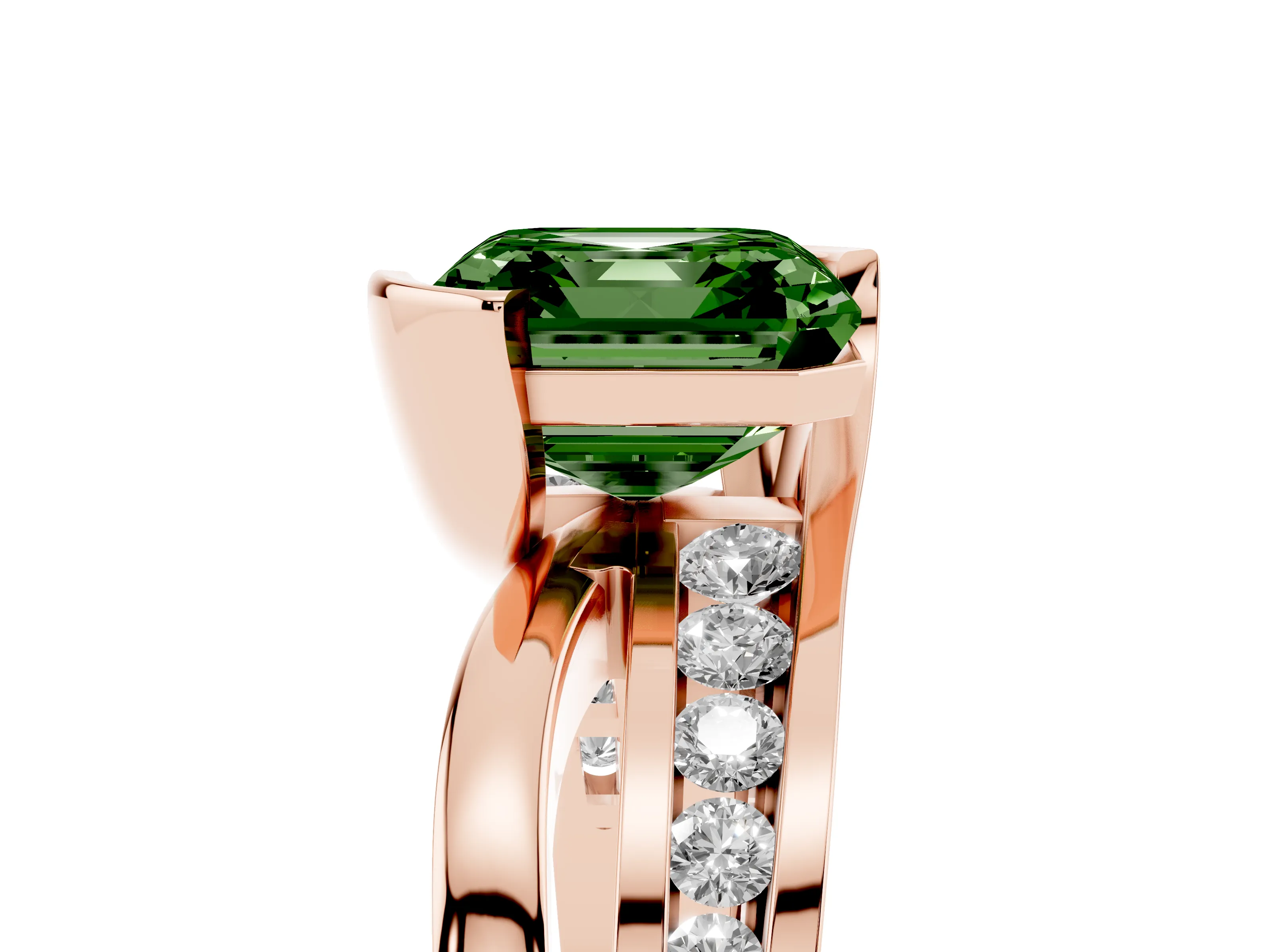 Fancy Green Asscher Cut Diamond Solitaire Ring Set in Rose gold with Channel Set Split Shank and Tension Prongs