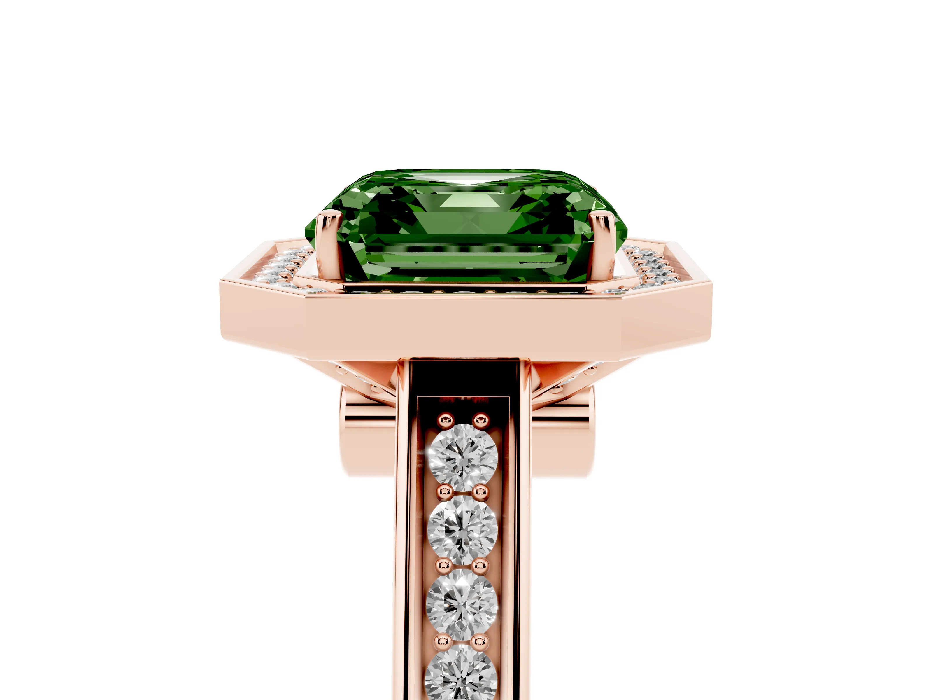 Fancy Green Asscher Cut Diamond Halo Solitaire Ring Set in Rose gold with Pavé Band and Bezel Setting