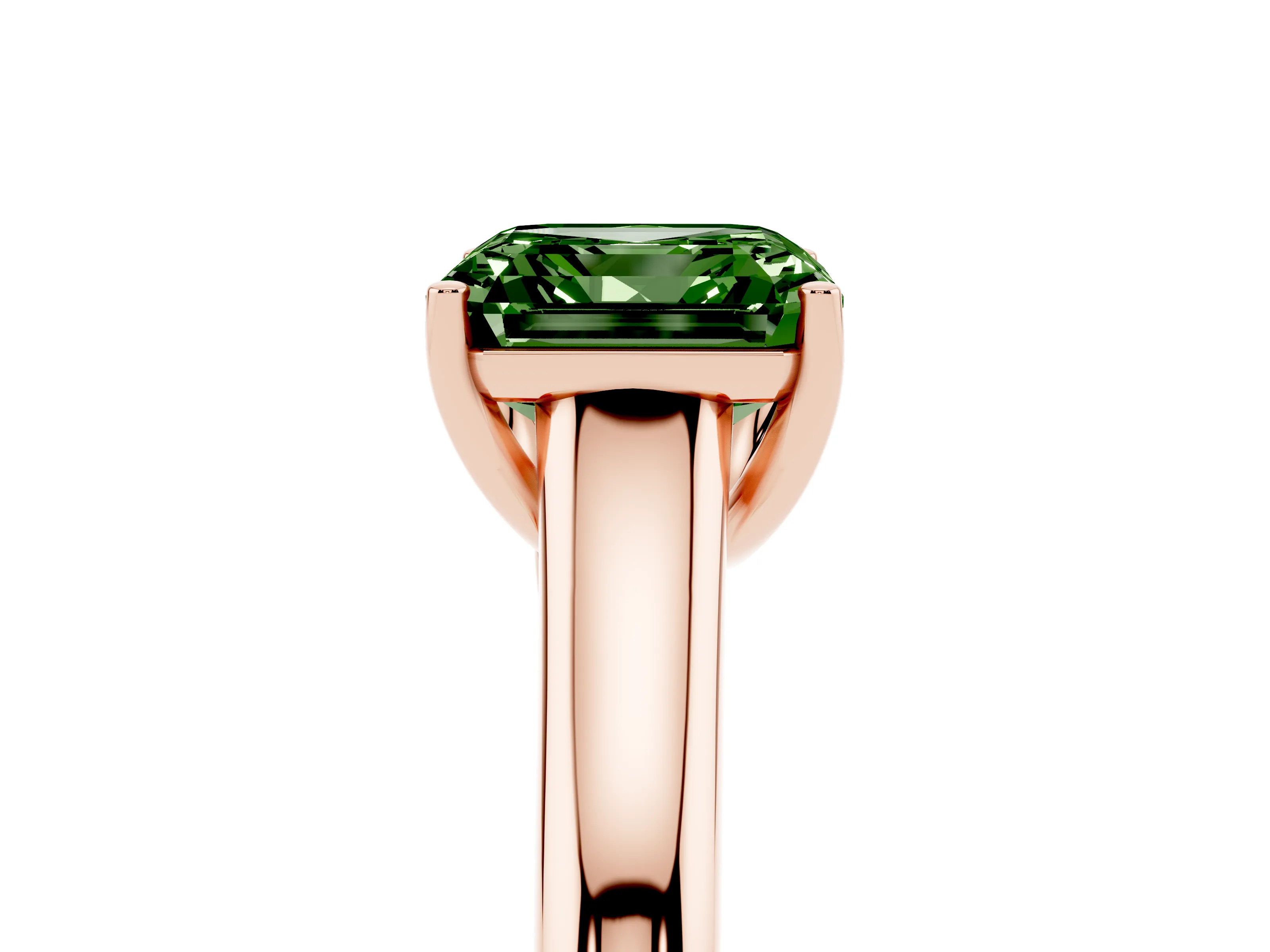 Fancy Green Asscher Cut Diamond Solitaire Engagement Ring Set in Rose gold with Subtly Tapered Band and Prong Setting
