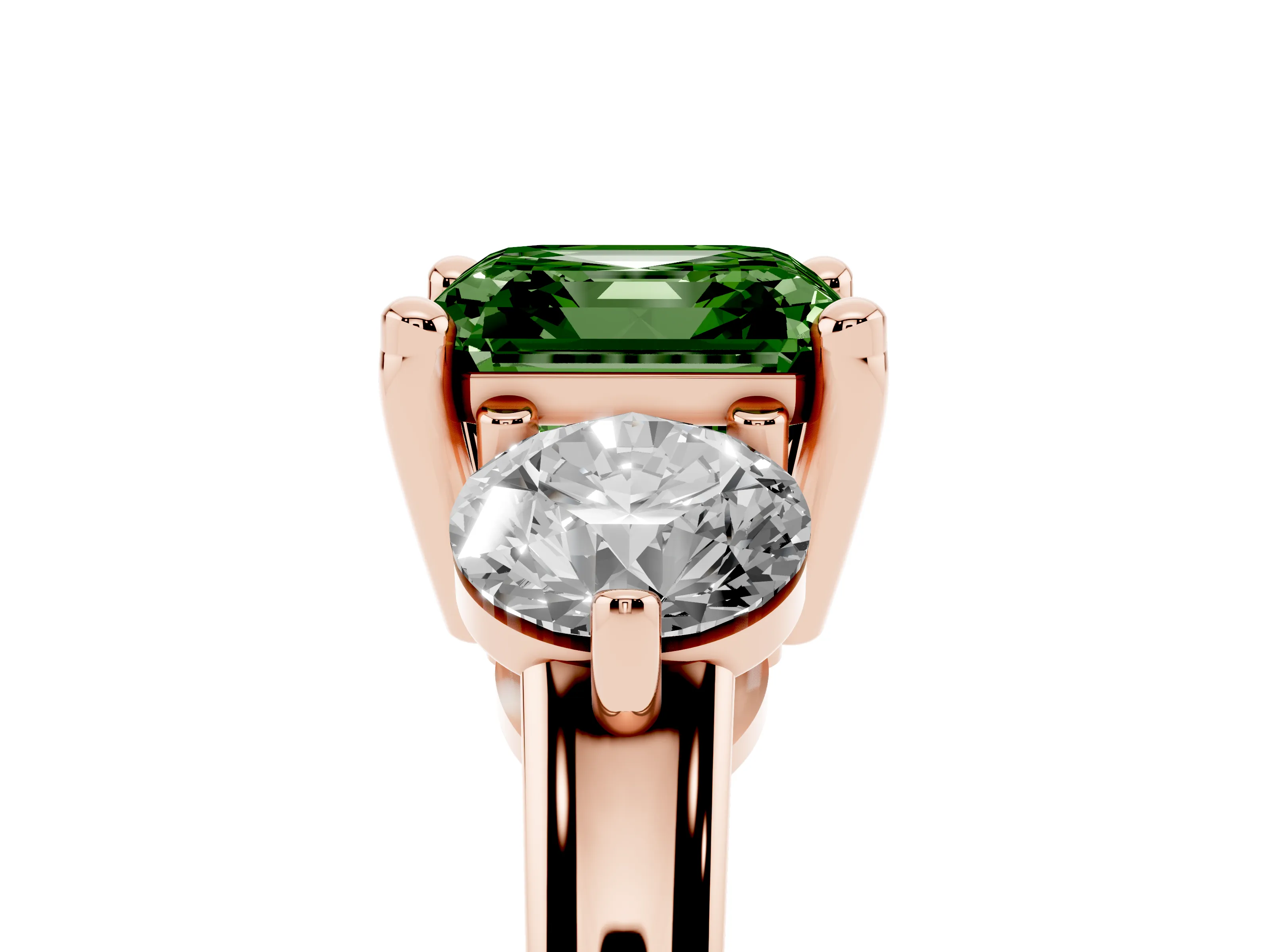 Fancy Green Asscher Cut Diamond Three-Stone Ring Set in Rose gold with Prong Setting and Classic Band
