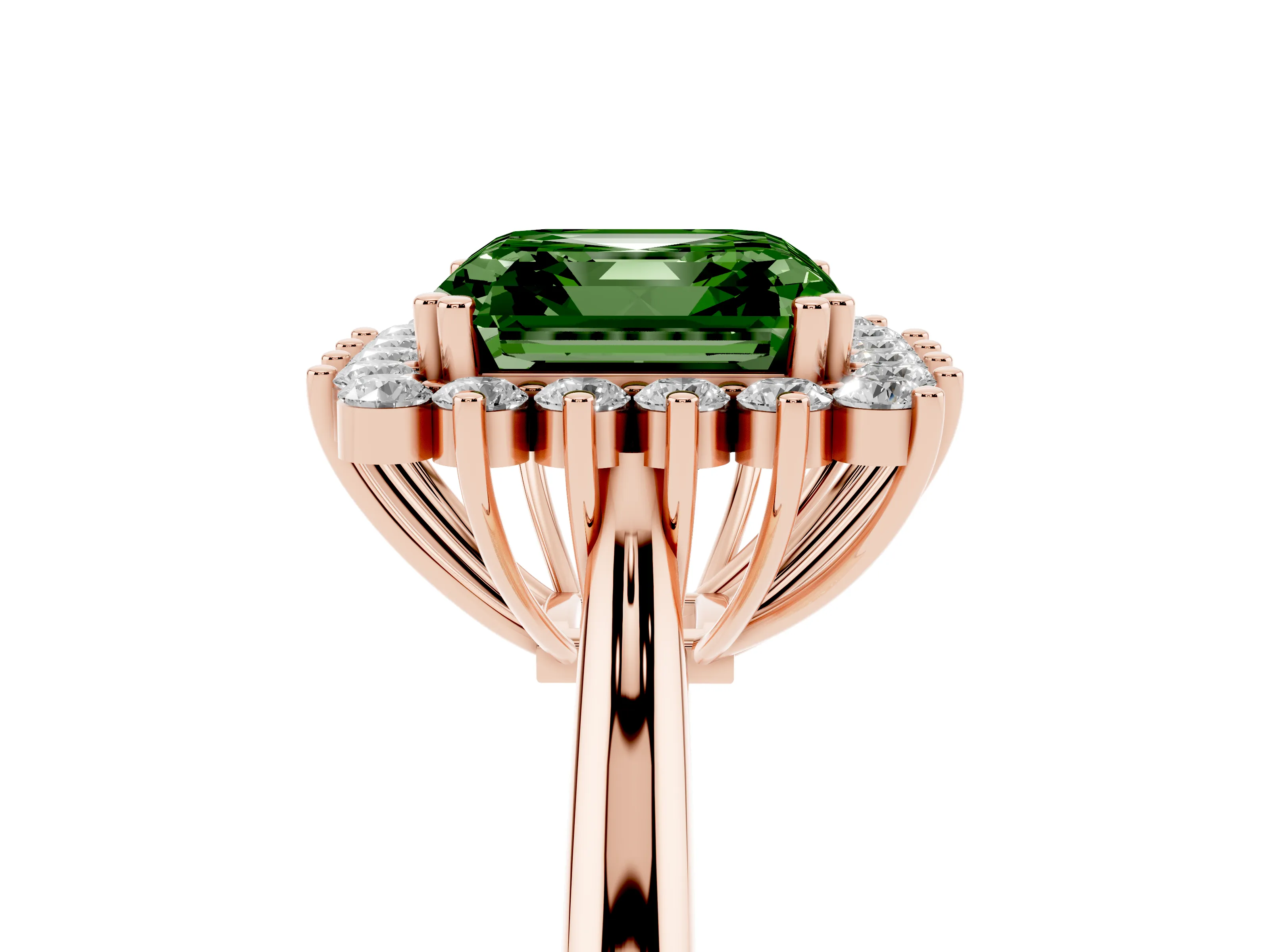 Fancy Green Asscher Cut Diamond Halo Ring Set in Rose gold with Plain Solitaire Band and Prong Setting