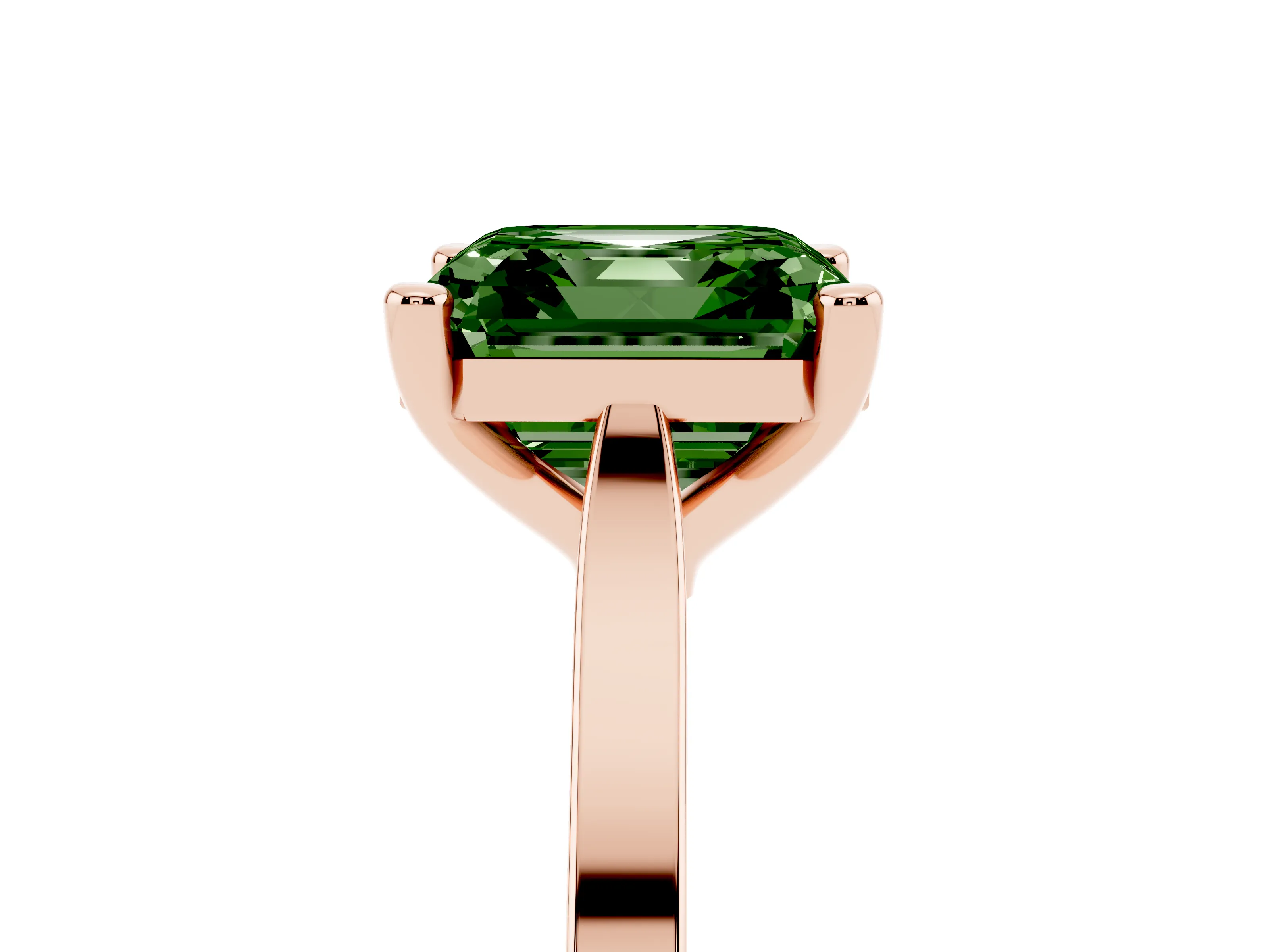 Fancy Green Asscher Cut Diamond Solitaire Ring Set in Rose gold with Prong Setting and Tapered Band