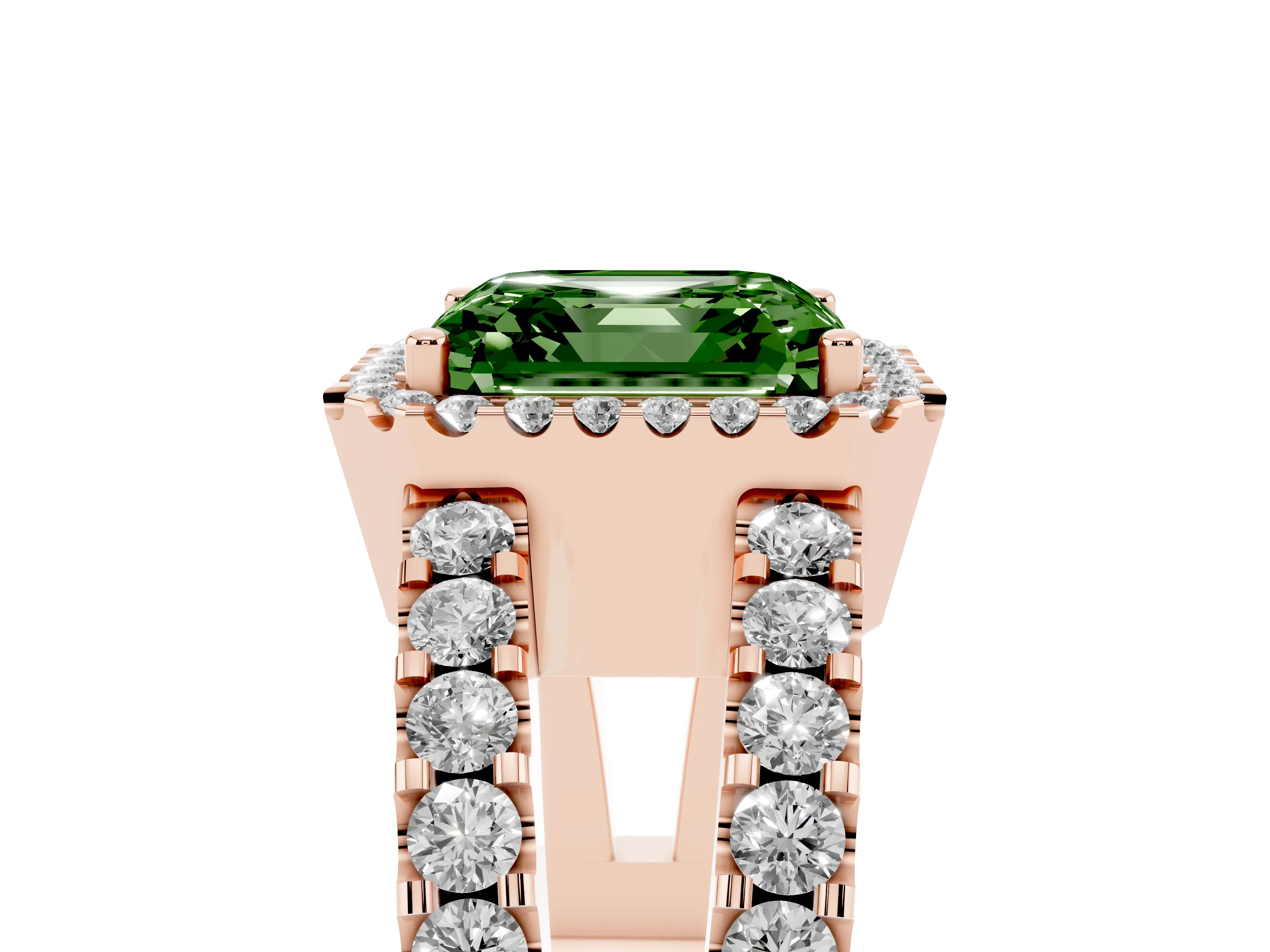 Fancy Green Asscher Cut Diamond Halo Ring Set in Rose gold with Pavé Split Shank and Prong Setting