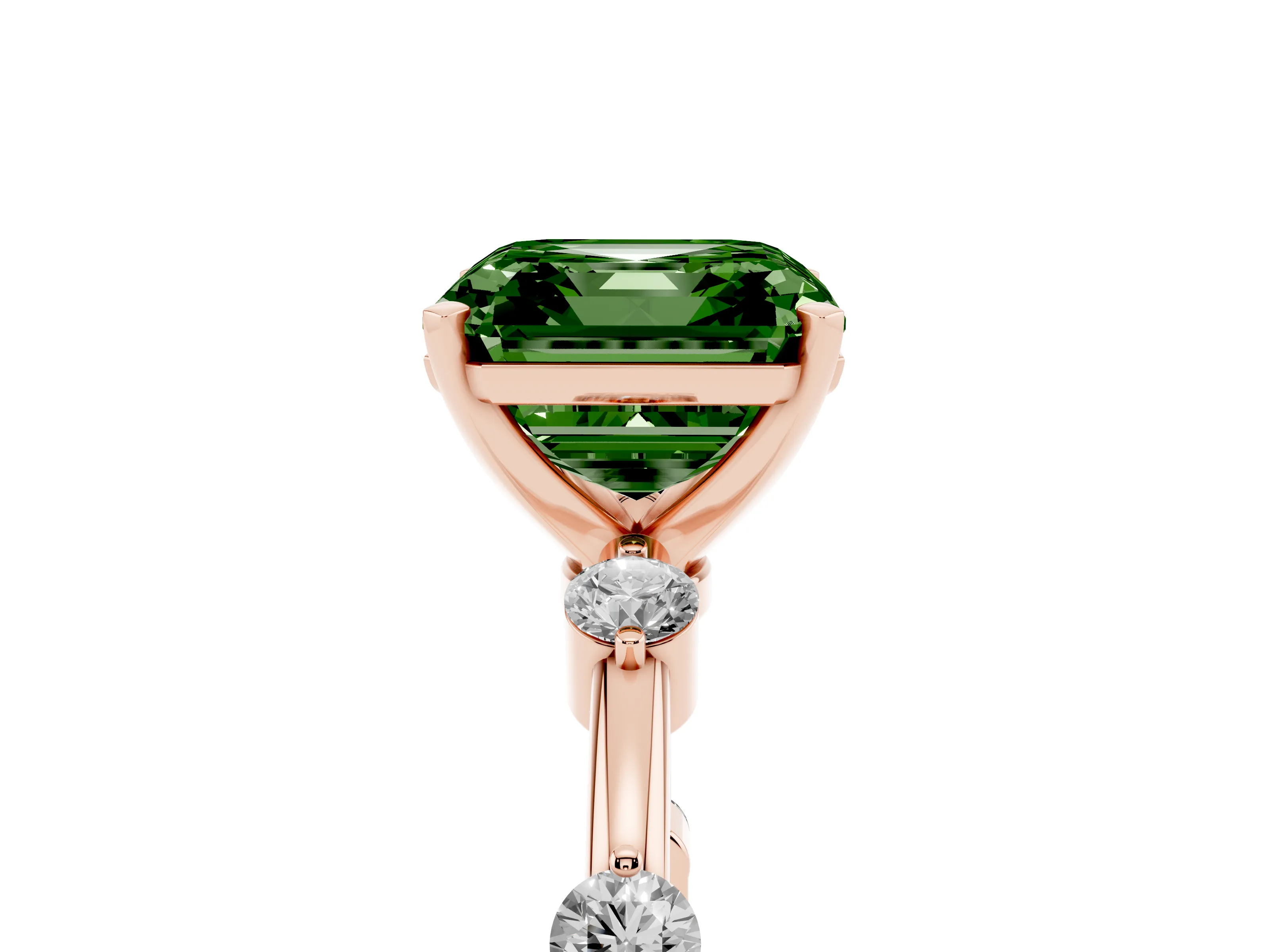 Fancy Green Asscher Cut Diamond Solitaire Ring Set in Rose gold with Bezel Set Side Stones and Prong Setting