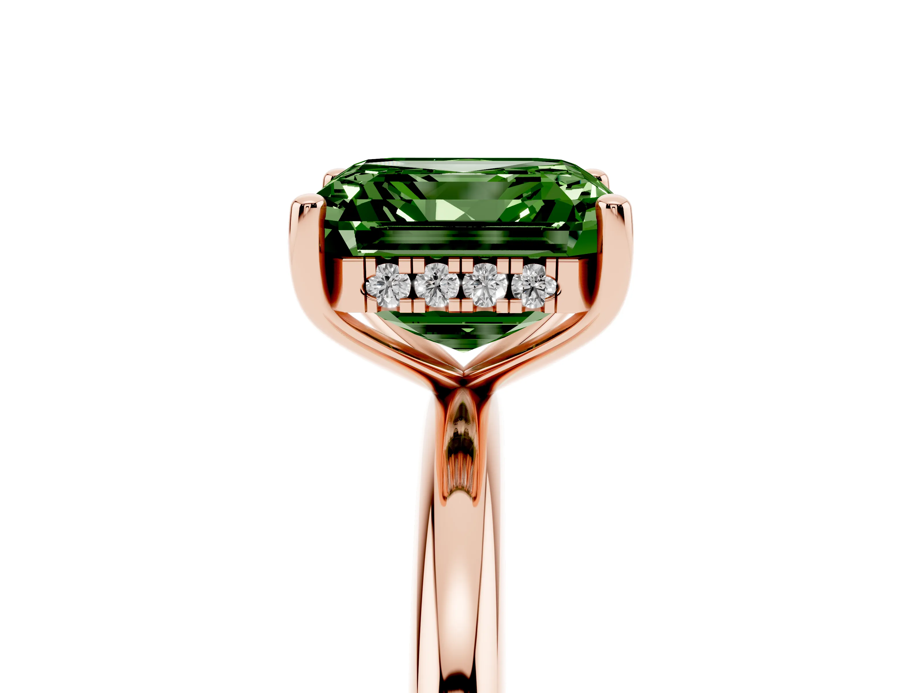 Fancy Green Asscher Cut Diamond Solitaire Engagement Ring Set in Rose gold with Prong Setting and Polished Band