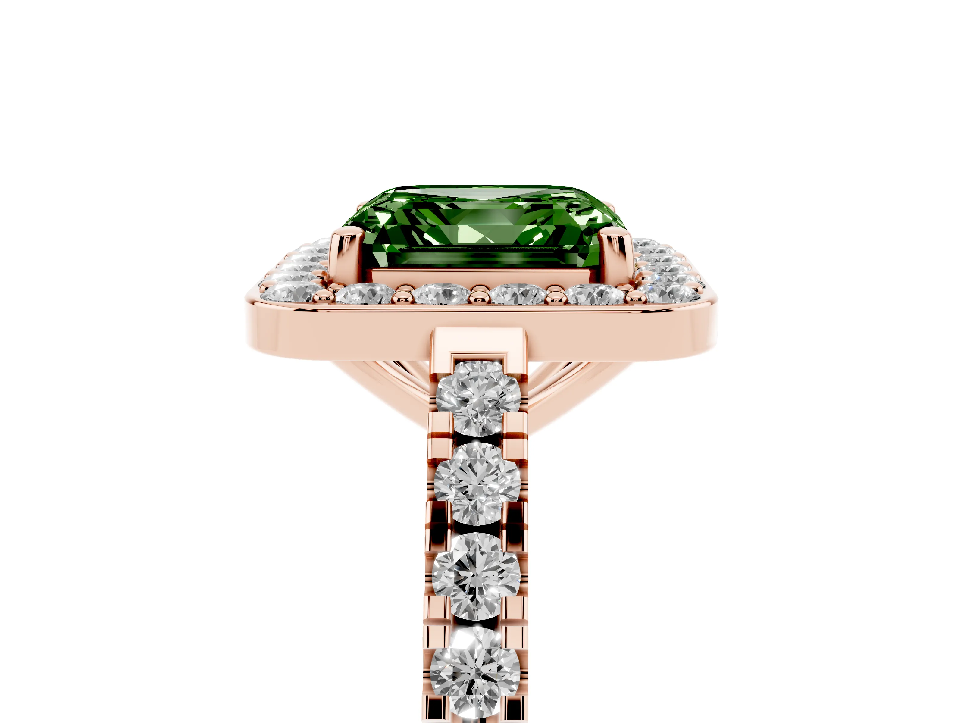 Fancy Green Asscher Cut Diamond Halo Ring Set in Rose gold with Round Pavé Split Shank and Prong Setting