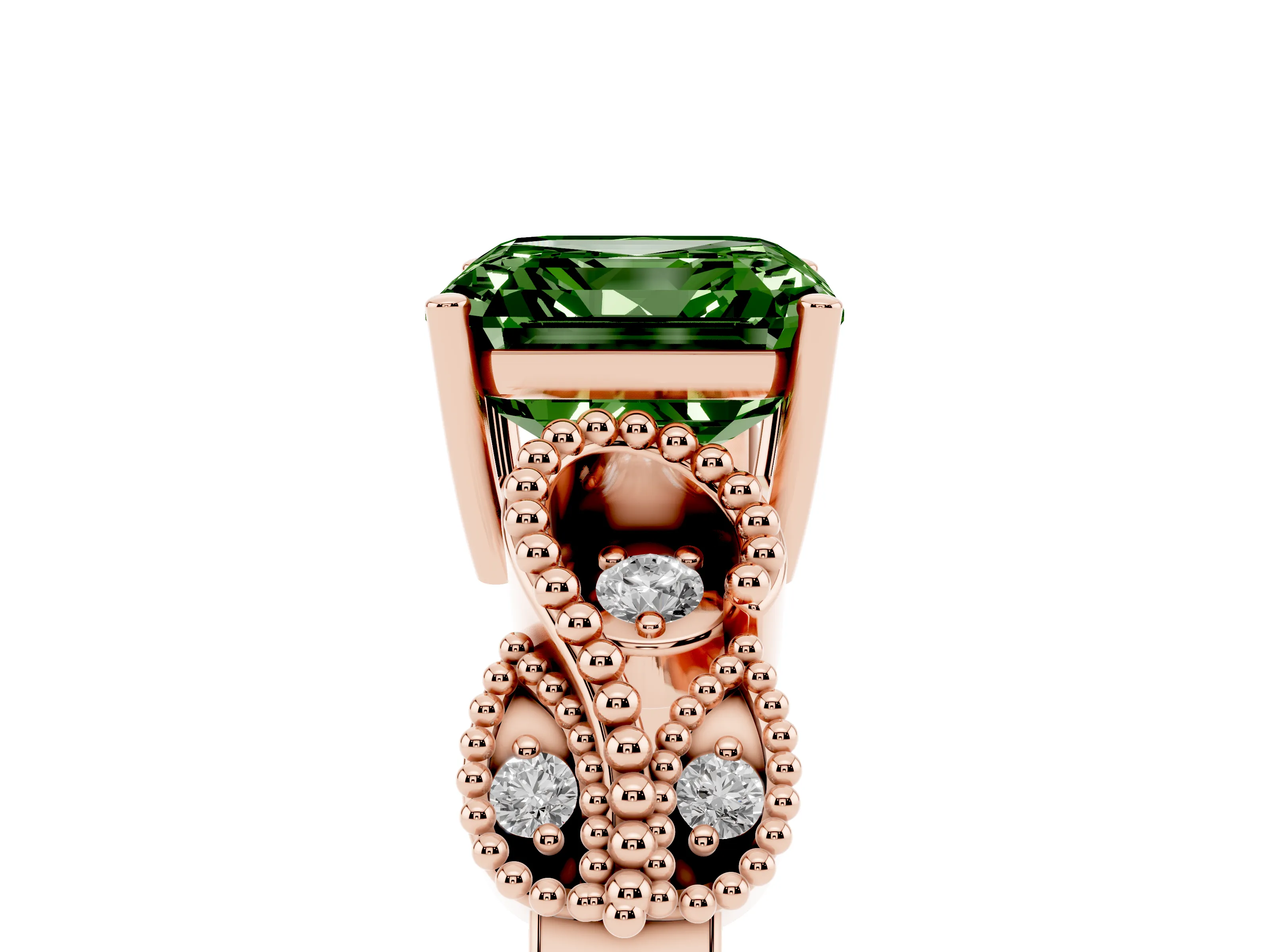 Fancy Green Asscher Cut Diamond Milgrain Leaf Band Solitaire Ring Set in Rose gold with Accent Stones and Prong Setting