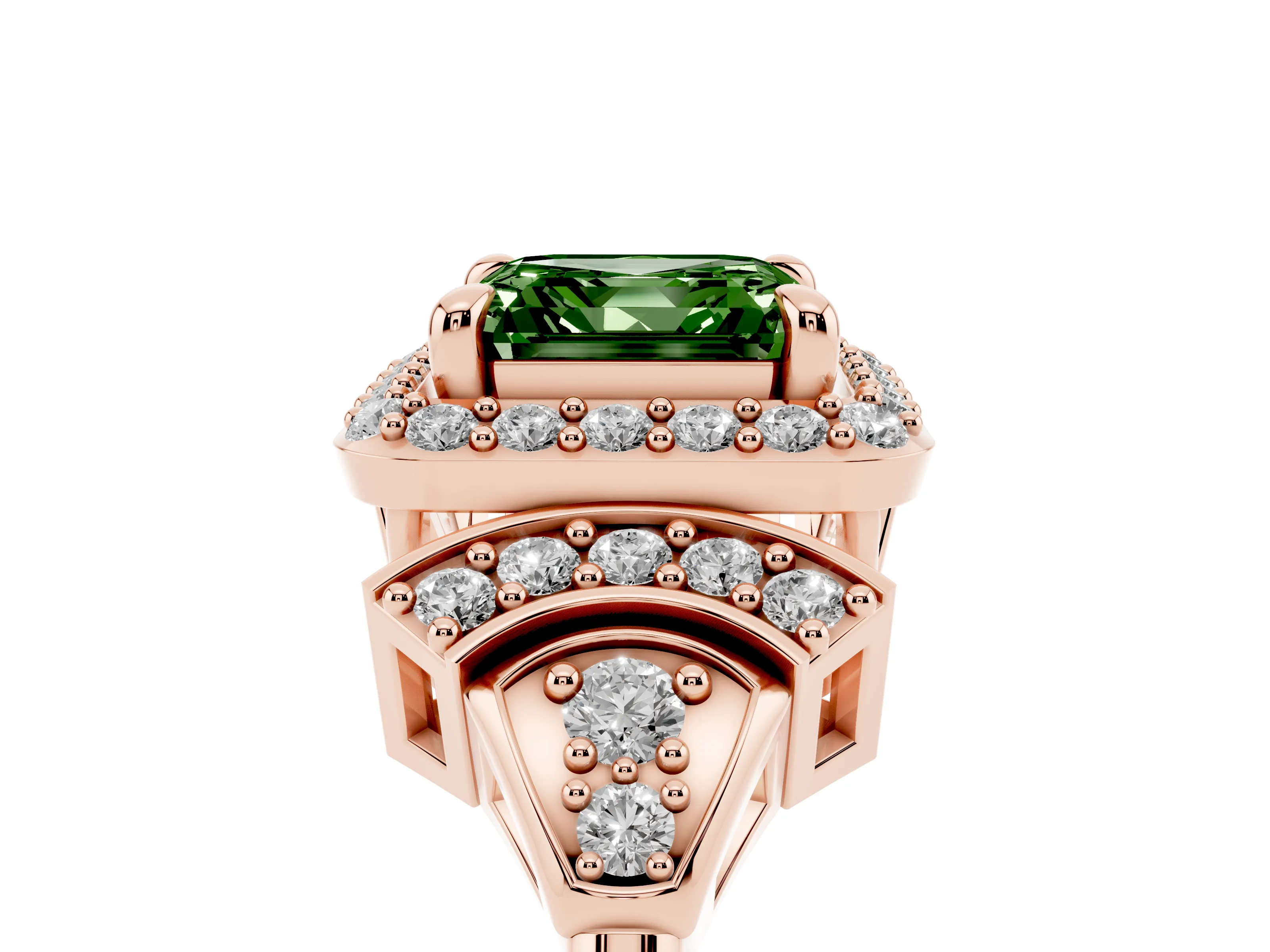 Fancy Green Asscher Cut Diamond Halo Engagement Ring Set in Rose gold with Accent Stone Split Shank