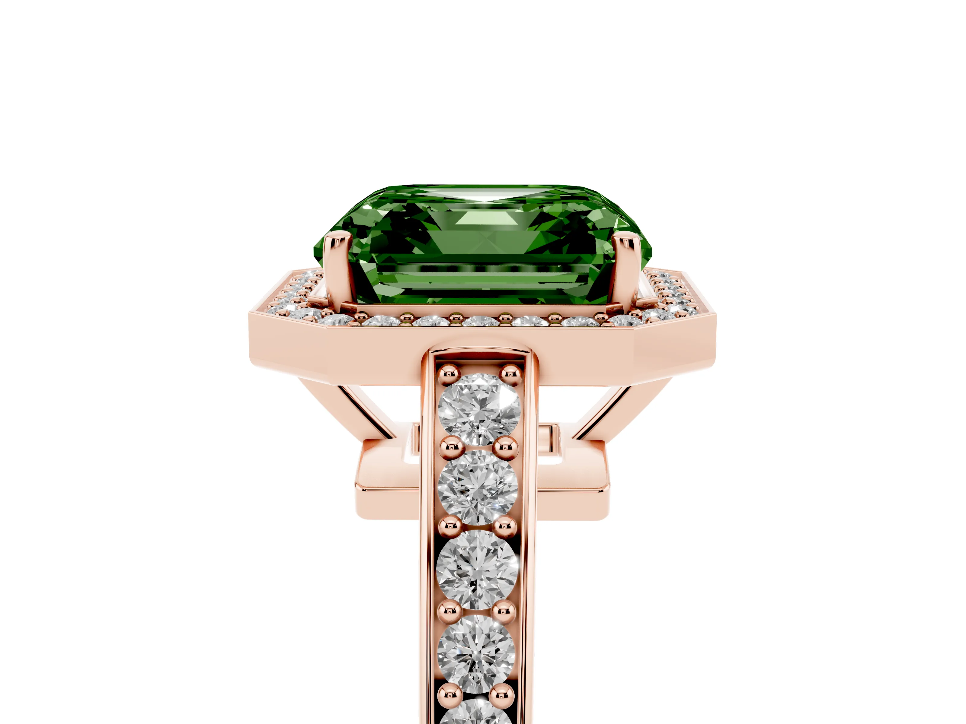 Fancy Green Asscher Cut Diamond Halo Pavé Engagement Ring Set in Rose gold with Bezel Setting