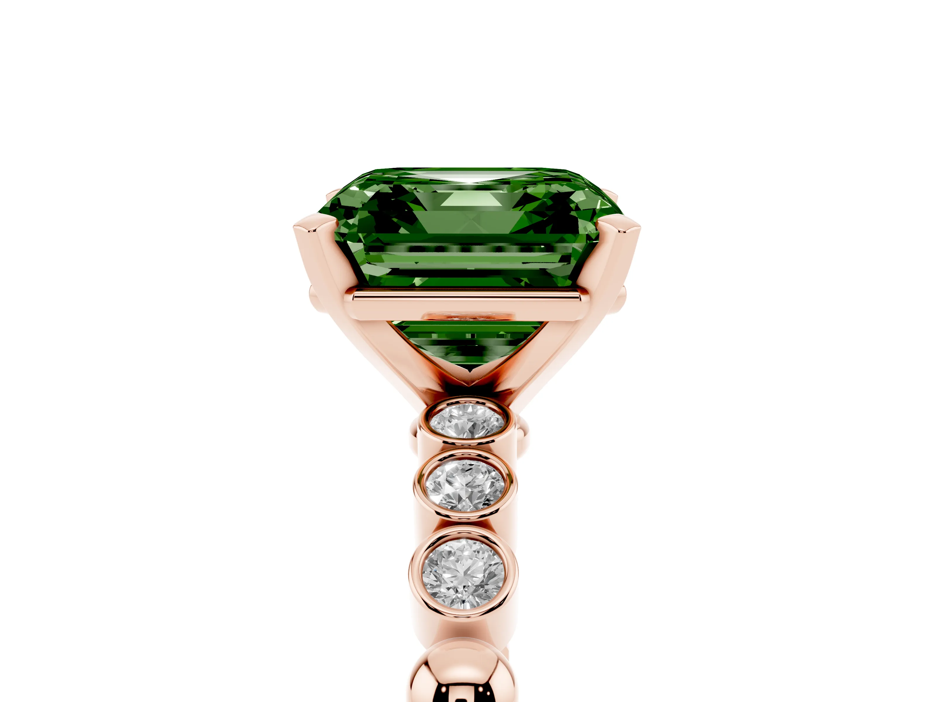 Fancy Green Asscher Cut Diamond Solitaire Engagement Ring Set in Rose gold with Bezel Accents on Beaded Band