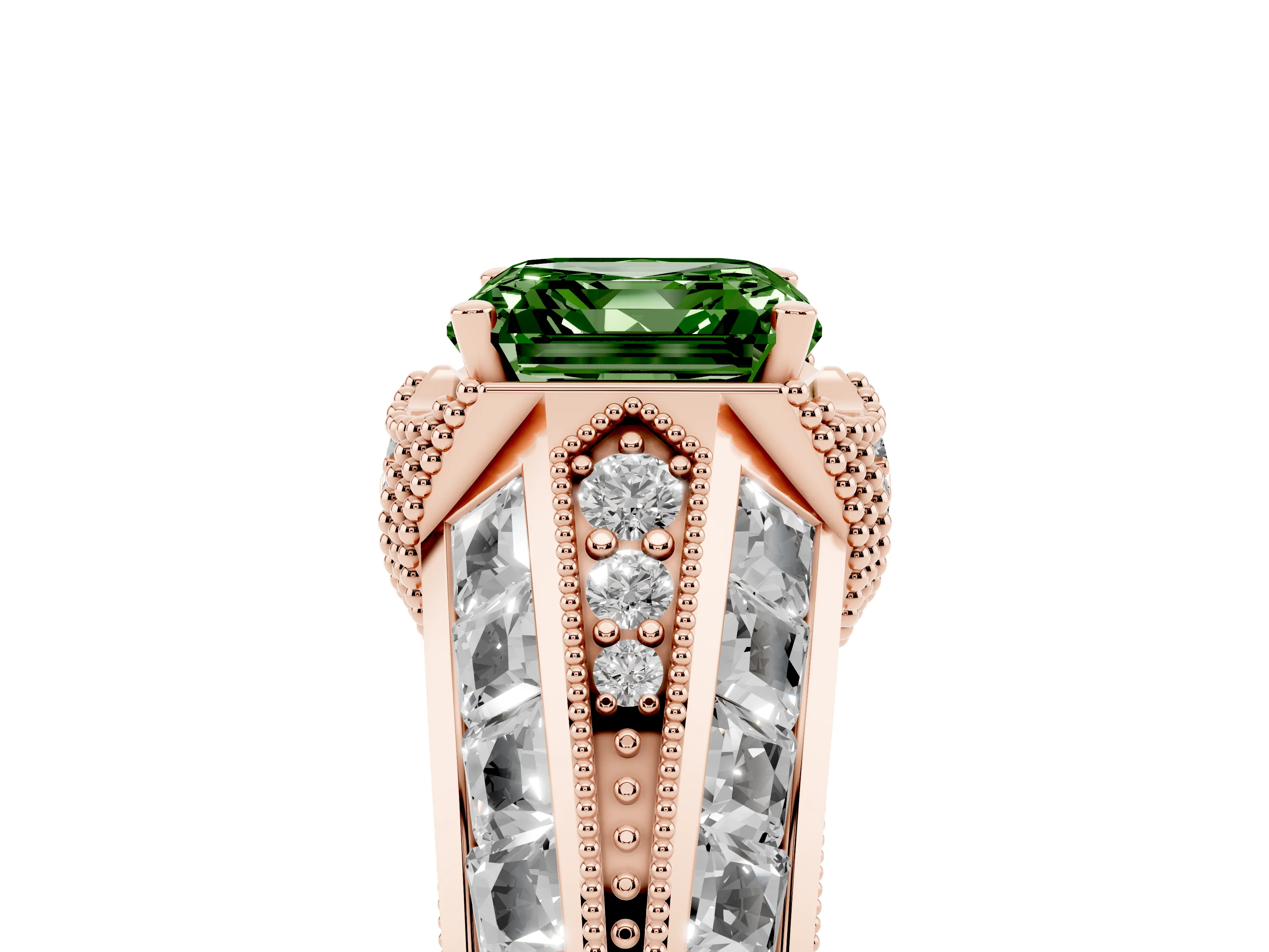 Fancy Green Asscher Cut Diamond Vintage-Inspired Milgrain Ring Set in Rose gold with Accent Split Shank