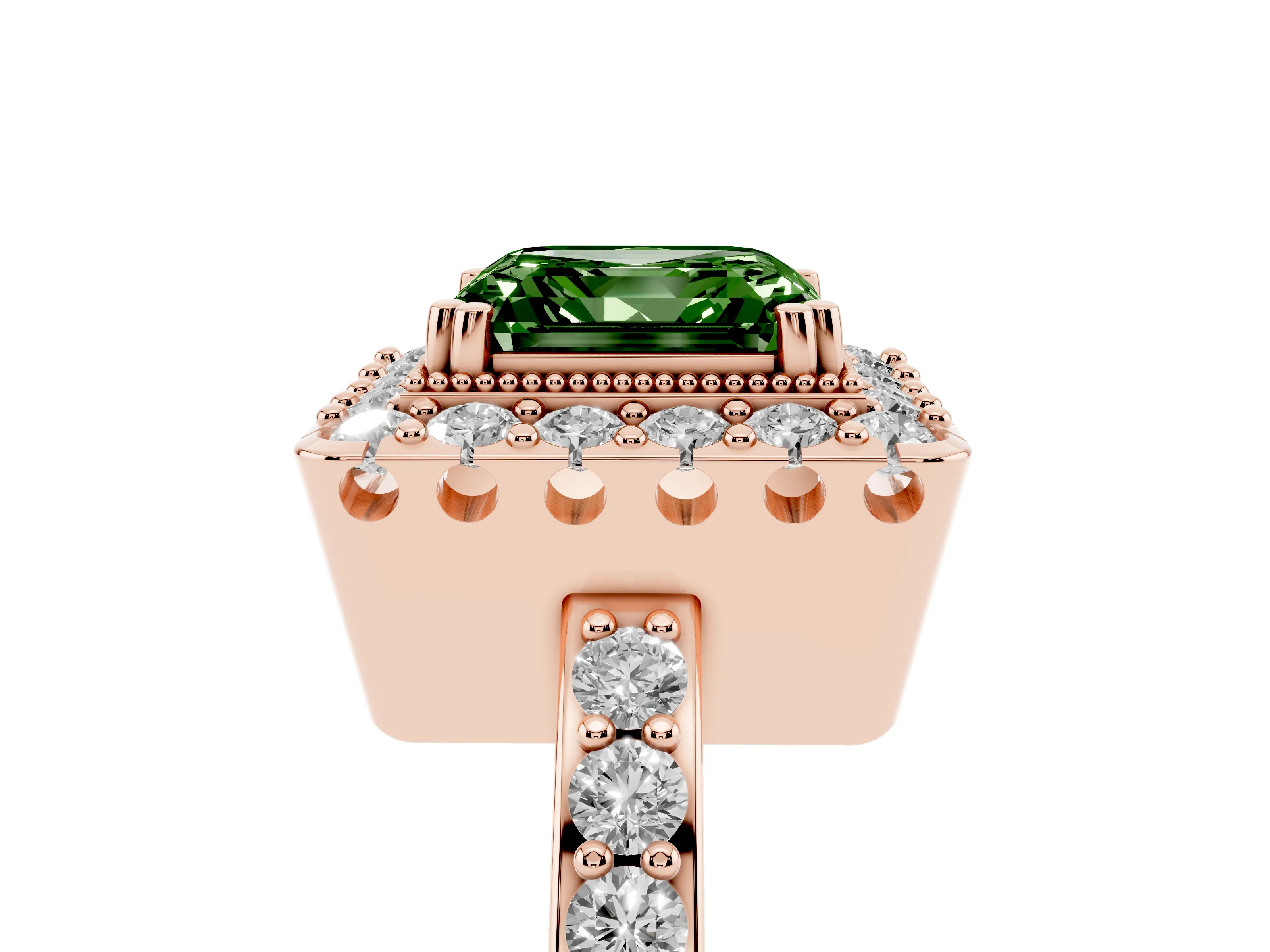 Fancy Green Asscher Cut Diamond Halo Ring Set in Rose gold with Pavé Shank and Prong Setting