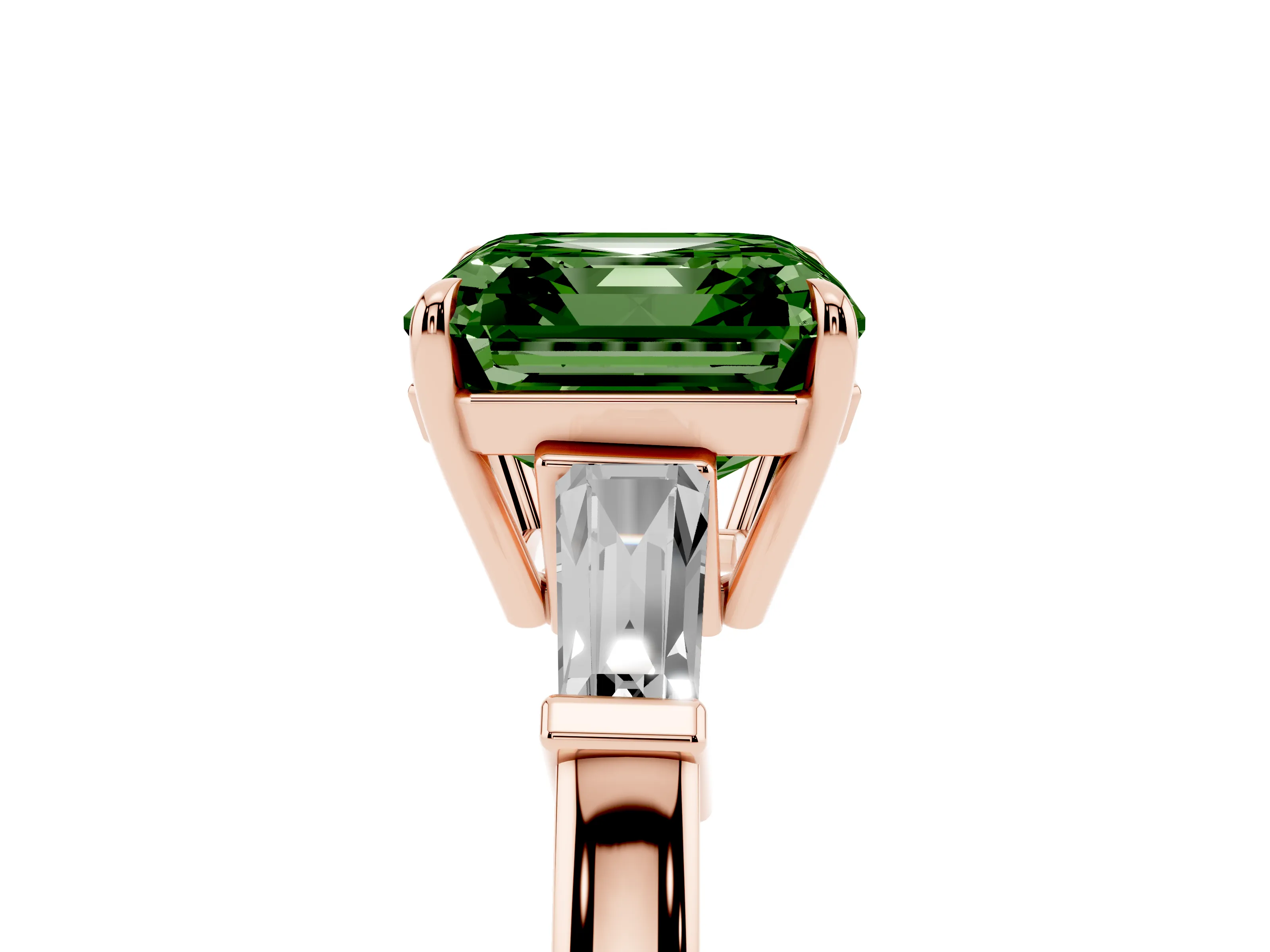 Fancy Green Asscher Cut Diamond Three-Stone Ring Set in Rose gold with Tapered Baguette Side Stones and Prong Setting