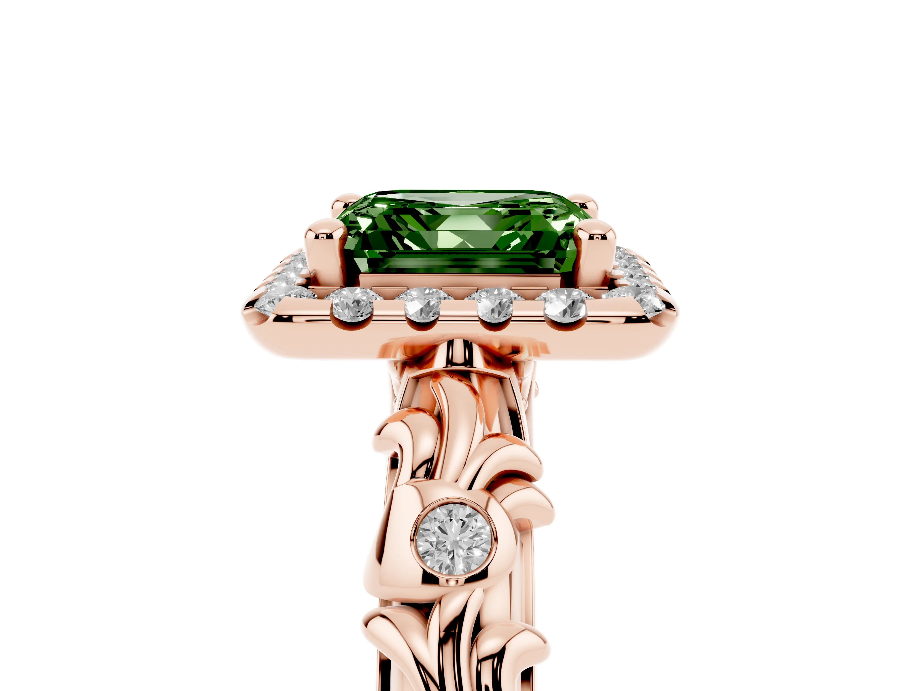 Fancy Green Asscher Cut Diamond Halo Ring Set in Rose gold with Filigree Leaf Band and Prong Setting