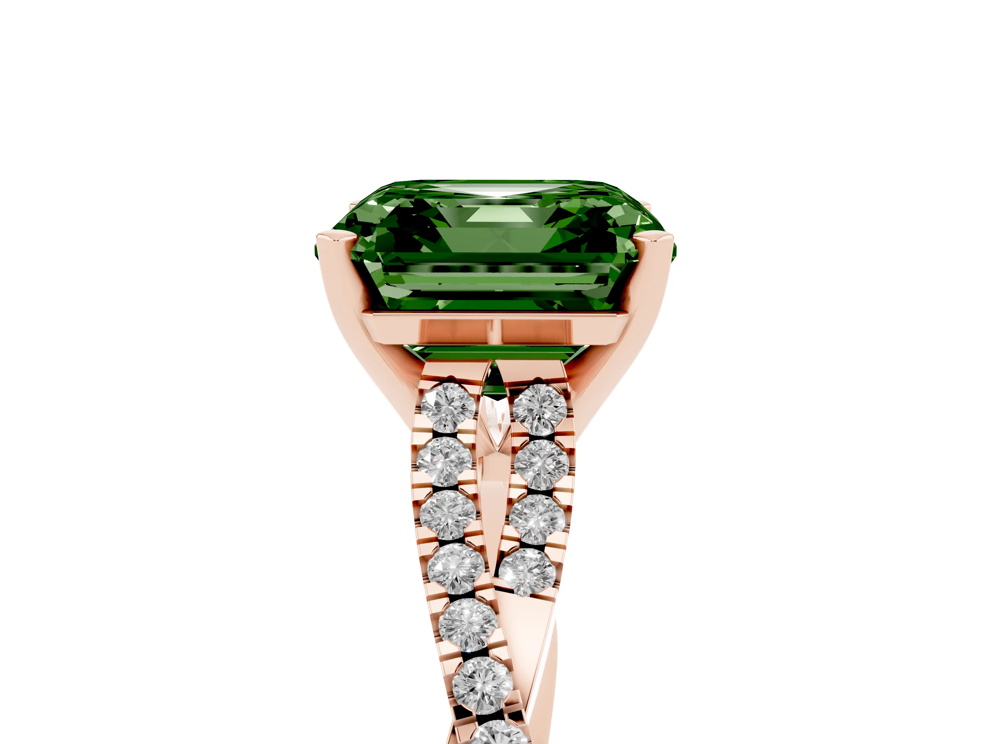 Fancy Green Asscher Cut Diamond Solitaire Engagement Ring Set in Rose gold with Twisted Pavé Band and Prong Setting