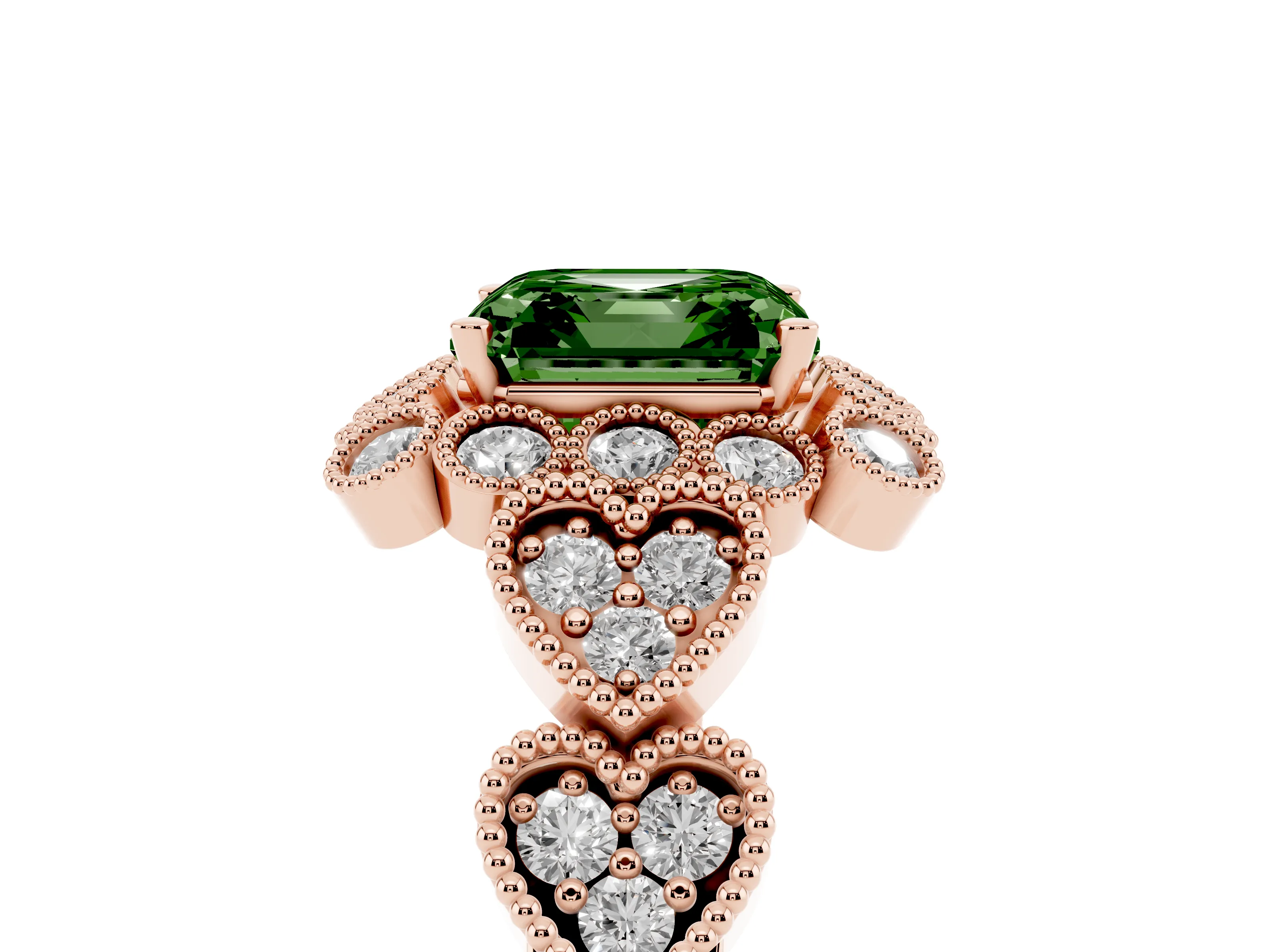 Fancy Green Asscher Cut Diamond Solitaire Ring Set in Rose gold with Milgrain Pavé Heart Band