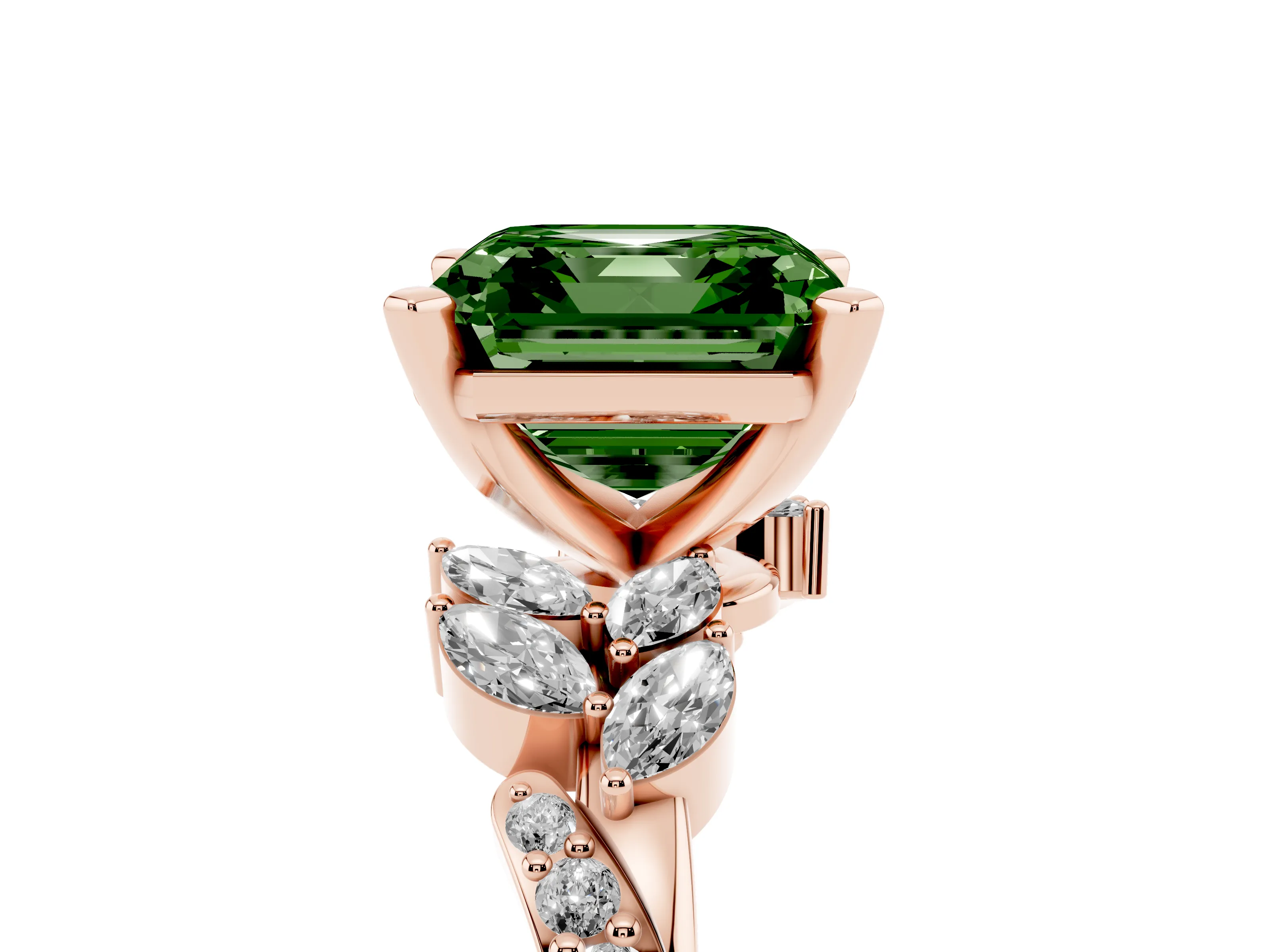 Fancy Green Asscher Cut Diamond Solitaire Ring Set in Rose gold with Marquise Twist Band and Prong Setting
