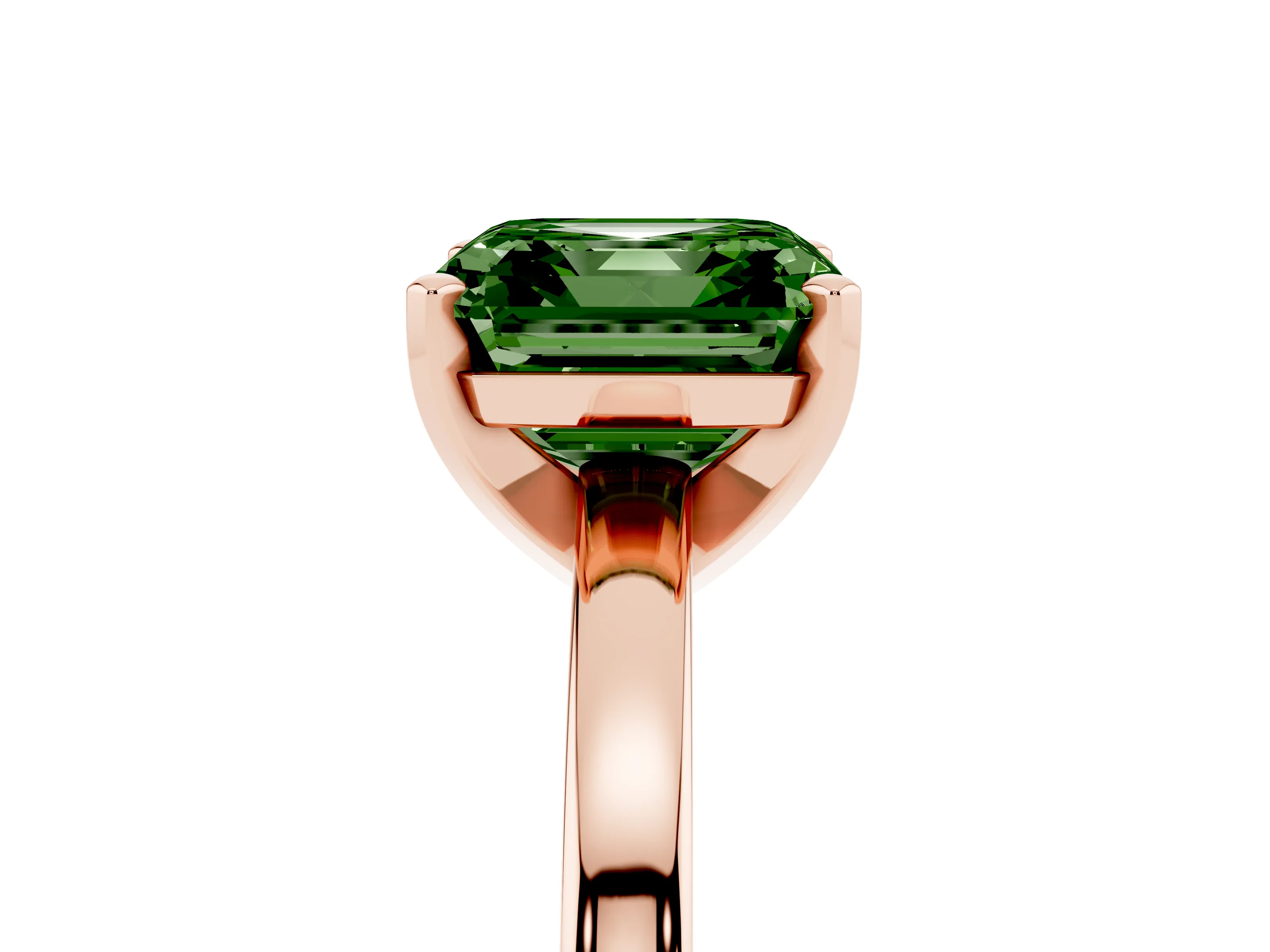 Fancy Green Asscher Cut Diamond Solitaire Engagement Ring Set in Rose gold with Prong Setting on a Classic Band