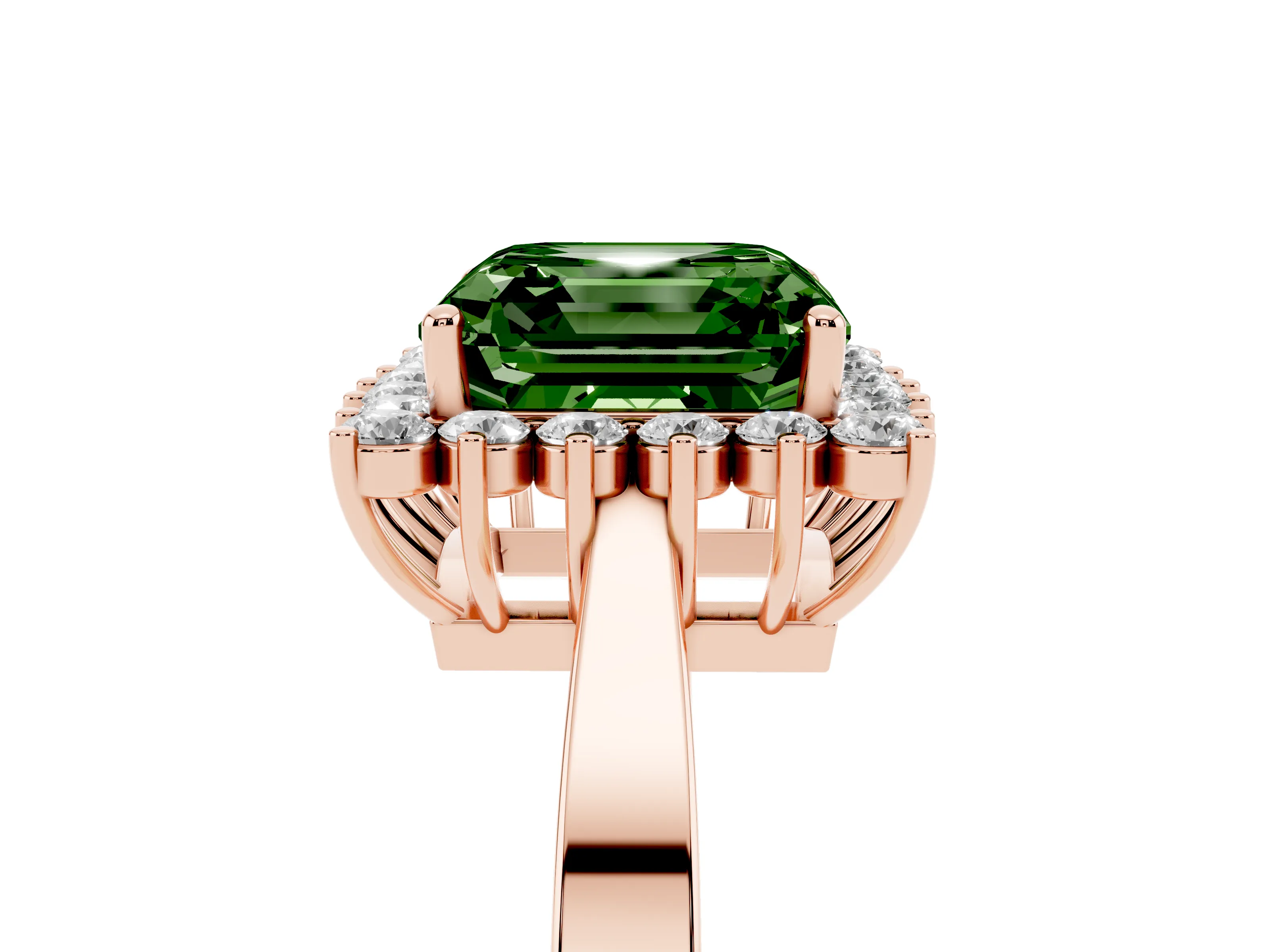 Fancy Green Asscher Cut Diamond Halo Ring Set in Rose gold with Round Halo and Smooth Solitaire Band