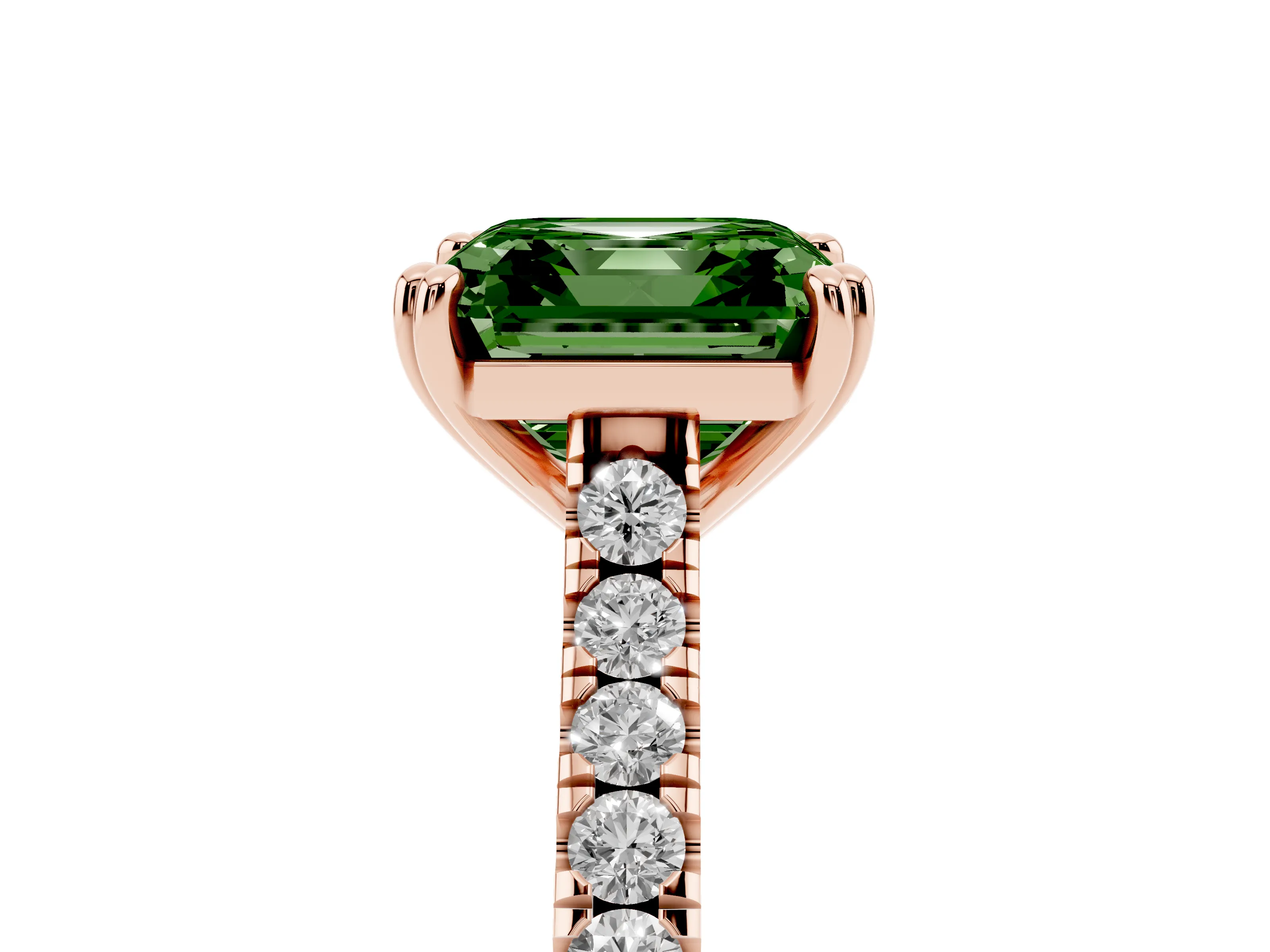 Fancy Green Asscher Cut Diamond Solitaire Engagement Ring Set in Rose gold with Pavé Accents and Prong Setting