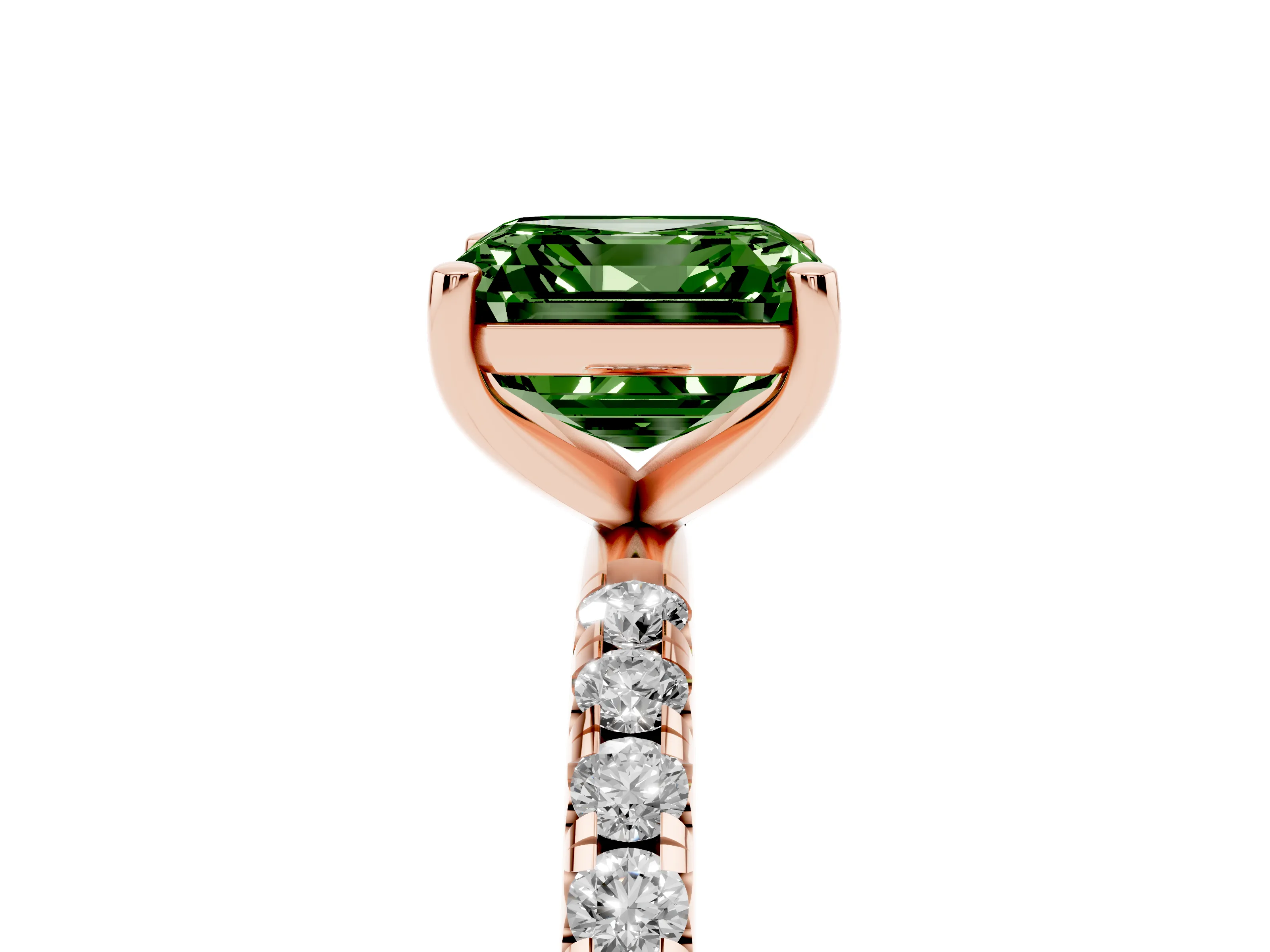 Fancy Green Asscher Cut Diamond Solitaire Ring Set in Rose gold with Micro Pavé Band and Prong Setting
