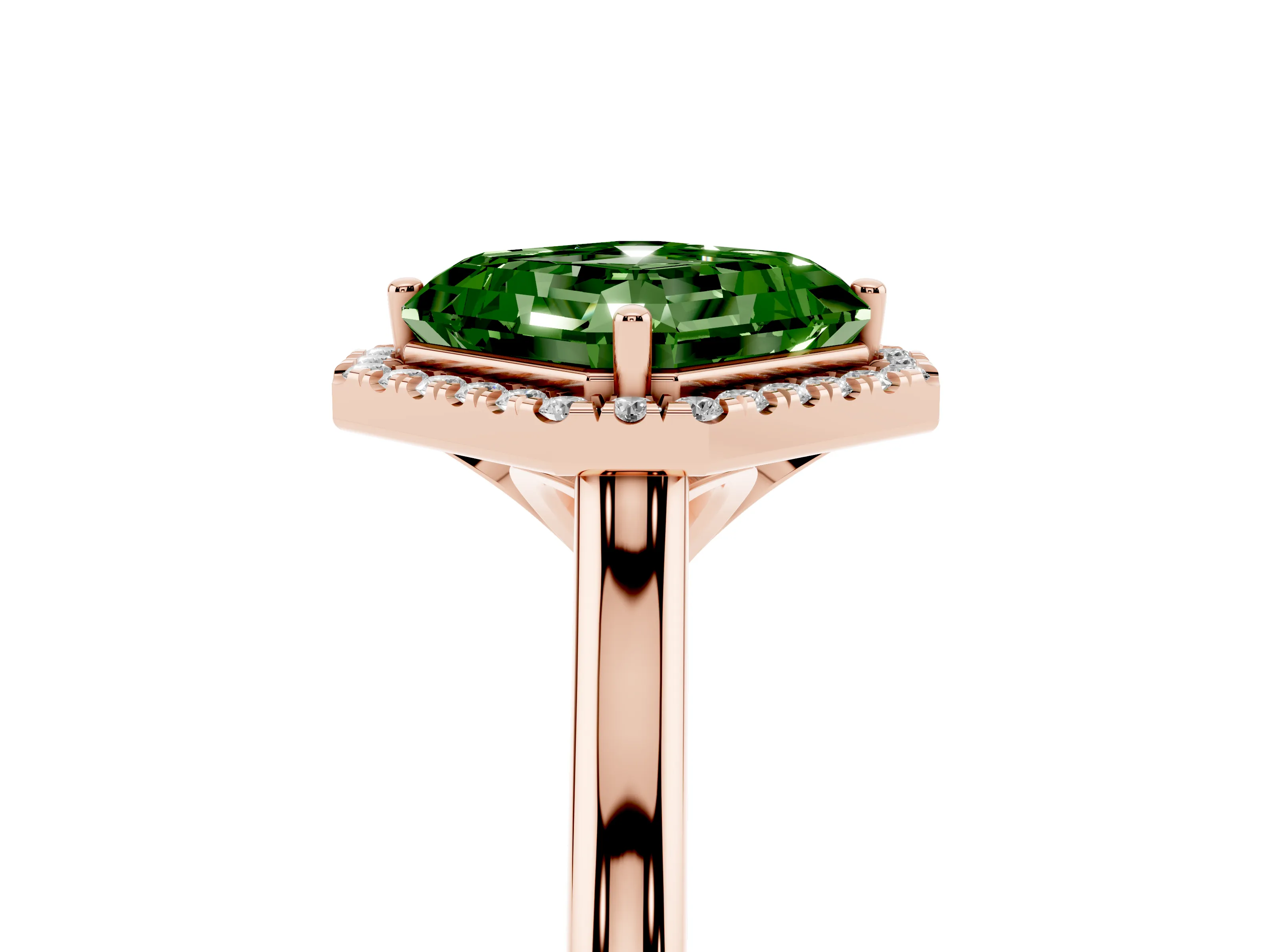 Fancy Green Asscher Cut Diamond Halo Engagement Ring Set in Rose gold with Pavé Band and Rising Shoulders