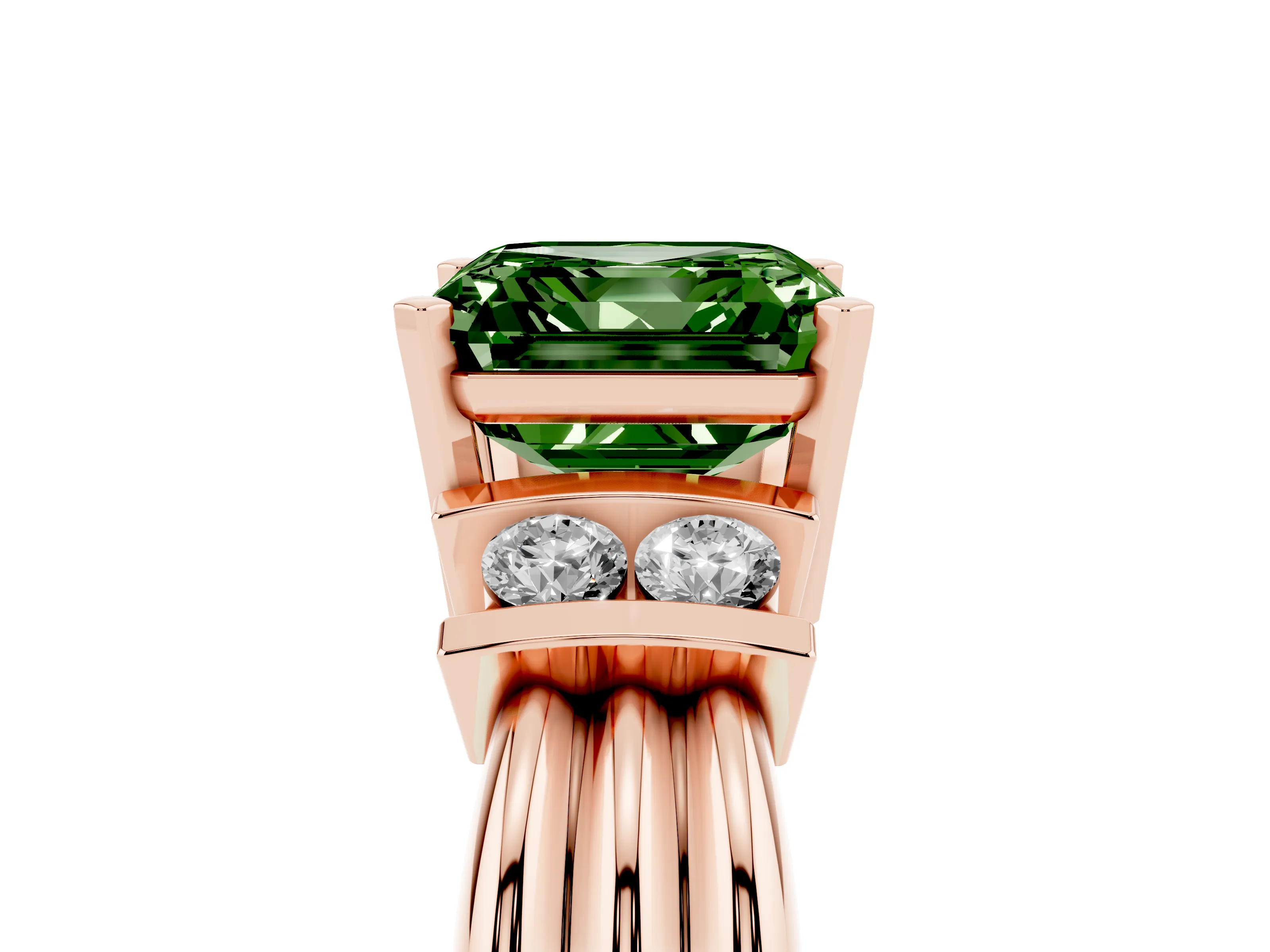 Fancy Green Three-Stone Asscher Cut Diamond Channel Set Ring Set in Rose gold with Bar Prongs