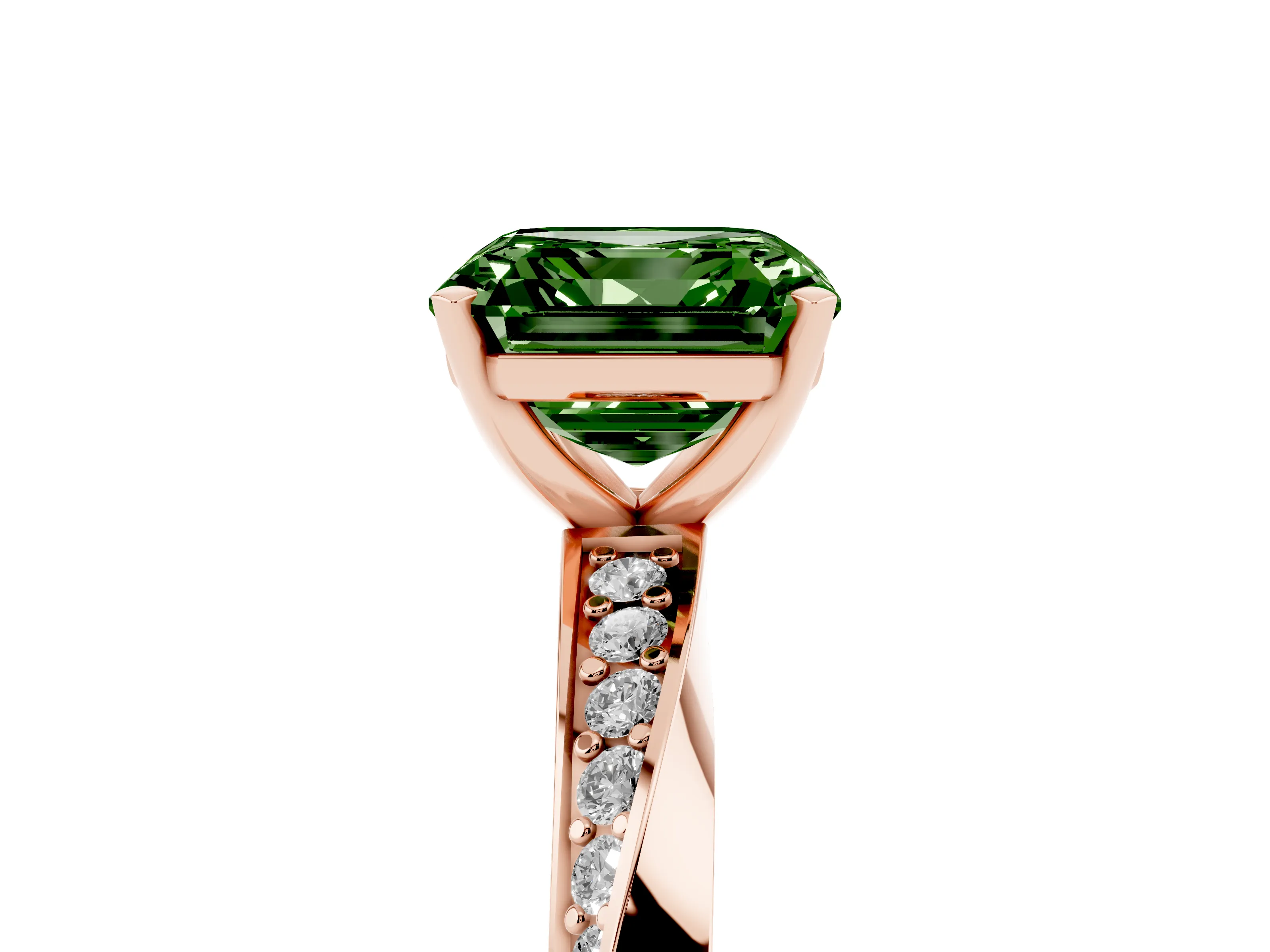 Fancy Green Asscher Cut Diamond Engagement Ring Set in Rose gold with Side Stone Accents and Prong Setting