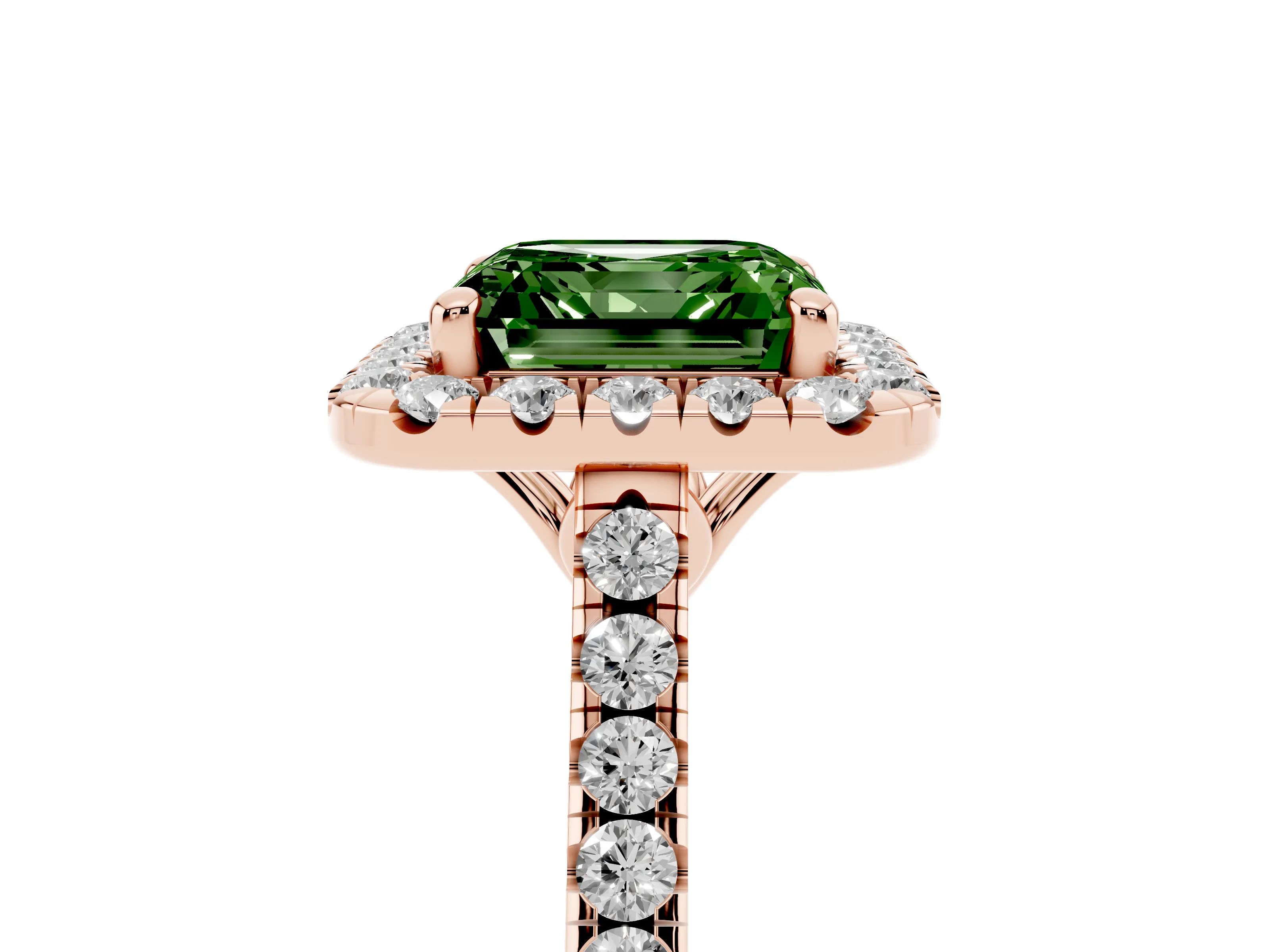 Fancy Green Asscher Cut Diamond Pavé Halo Engagement Ring Set in Rose gold with Pavé Band and Prong Setting