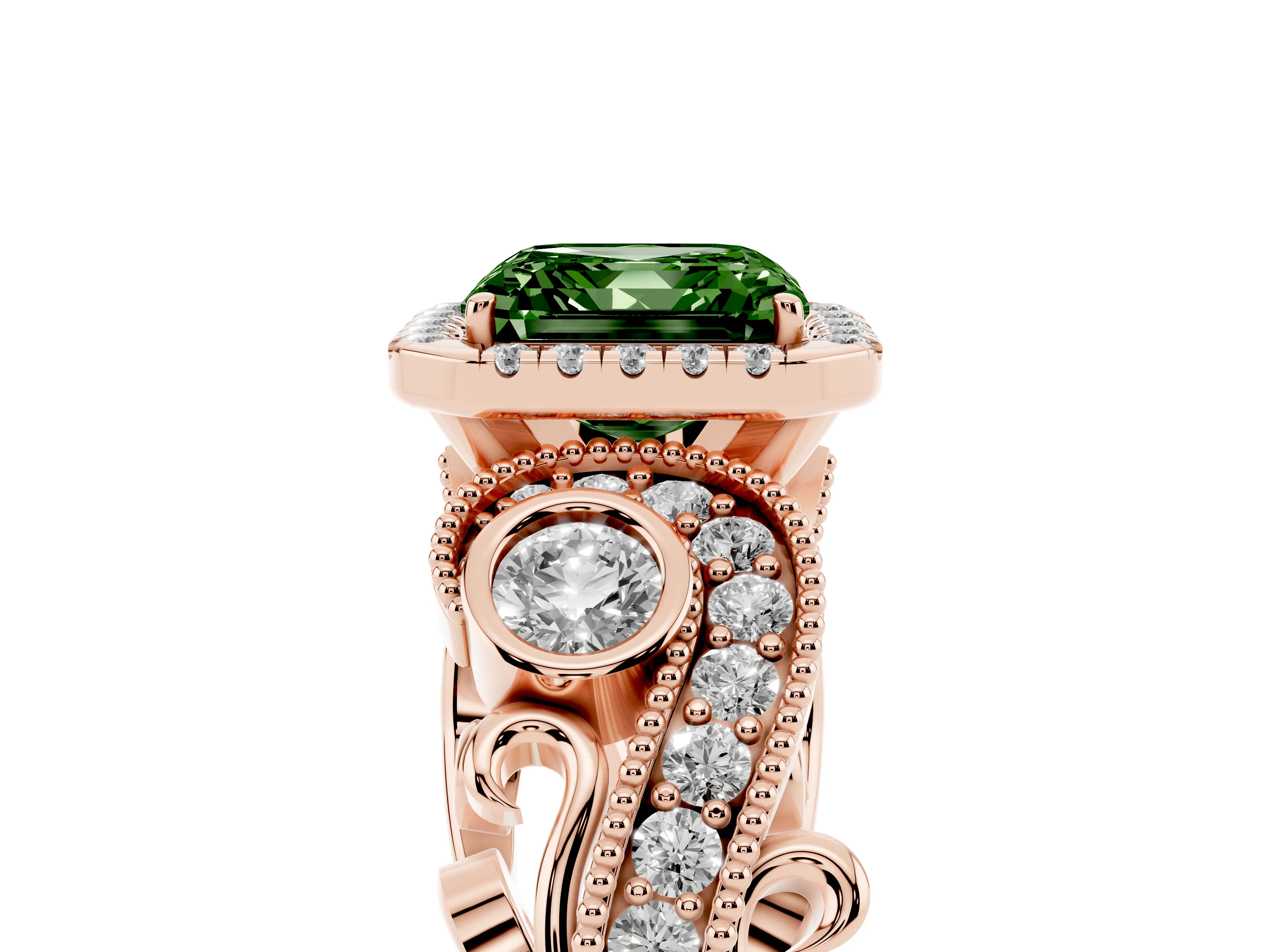 Fancy Green Asscher Cut Diamond Halo Ring Set in Rose gold with Milgrain Pavé Band and Prong Setting
