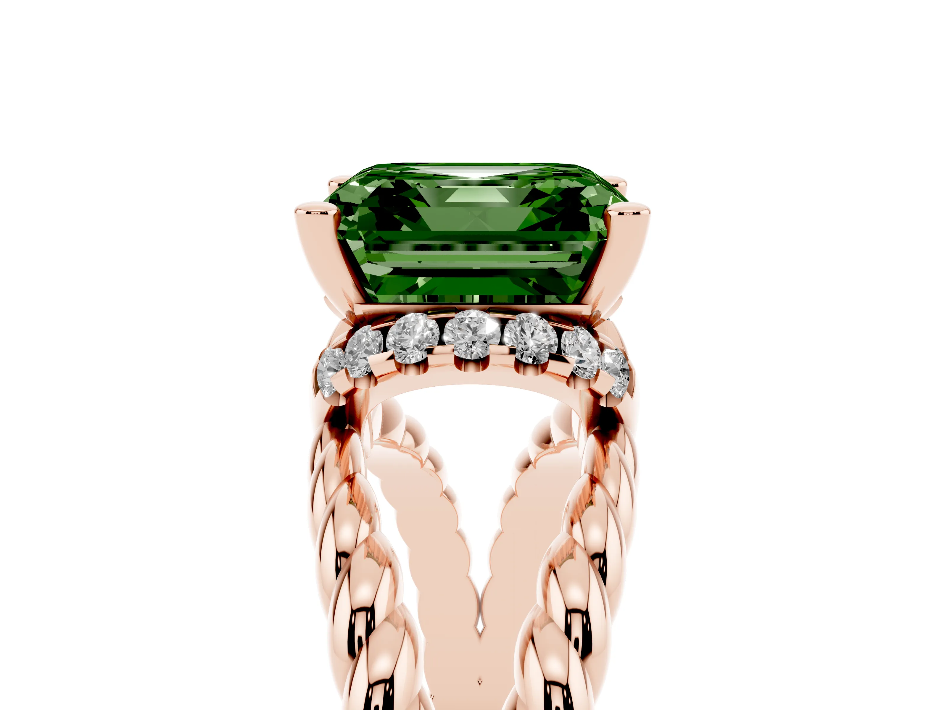 Fancy Green Asscher Cut Diamond Halo Ring Set in Rose gold with Twisted Band and Prong Setting
